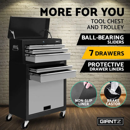 Giantz 7 Drawer Tool Box Cabinet Chest Trolley Toolbox Garage Storage Grey - Image 4