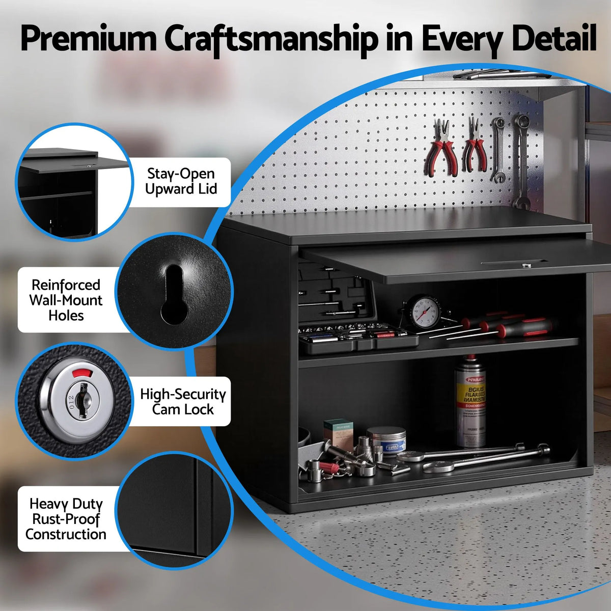 Giantz Wall Mount Steel Tool Cabinet Garage Storage Box Lockable Overhead Shelf Black - Image 3