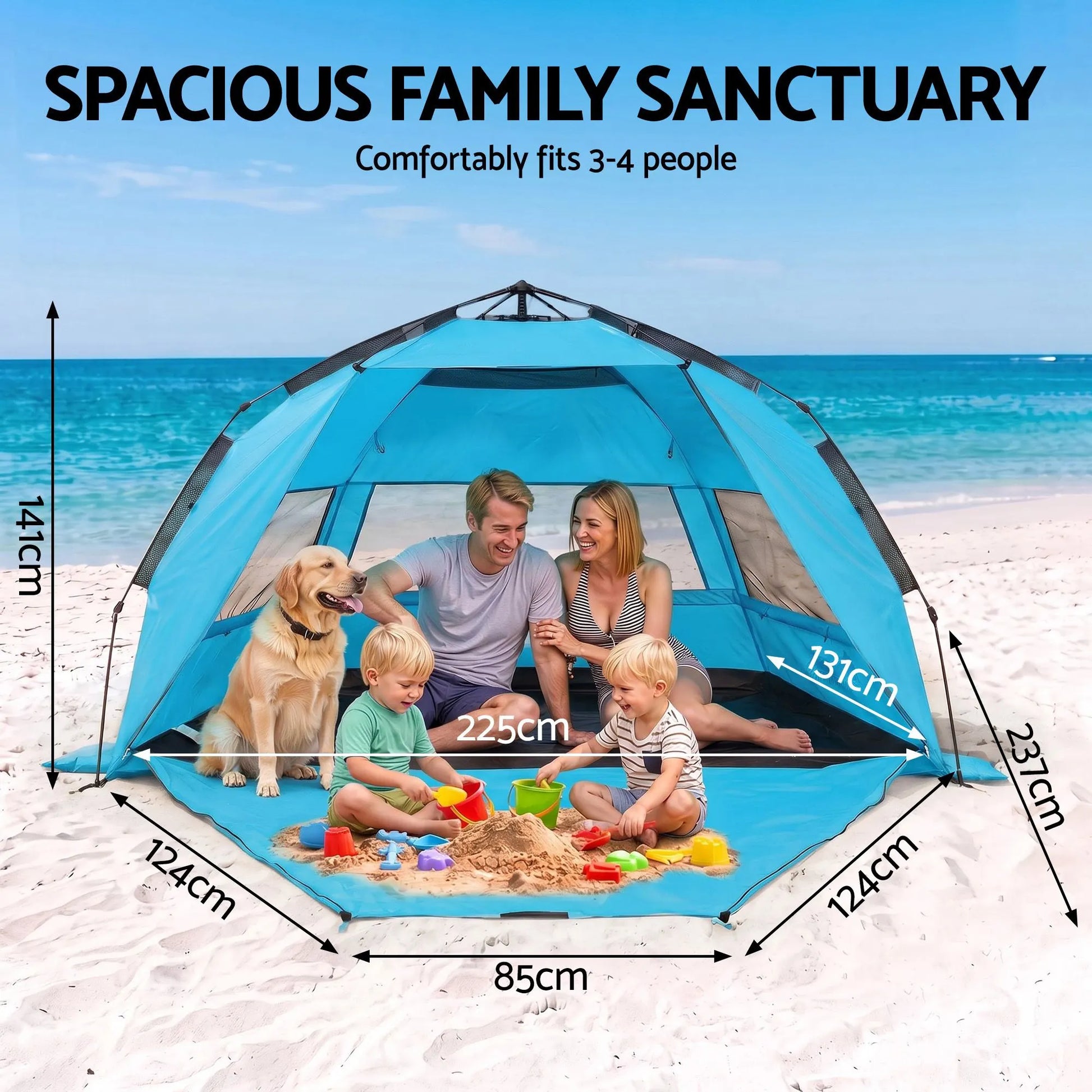 Weisshorn Beach Tent 3-4 Person Pop Up Sun Shade UPF 50 Automatic Outdoor Blue - Image 2