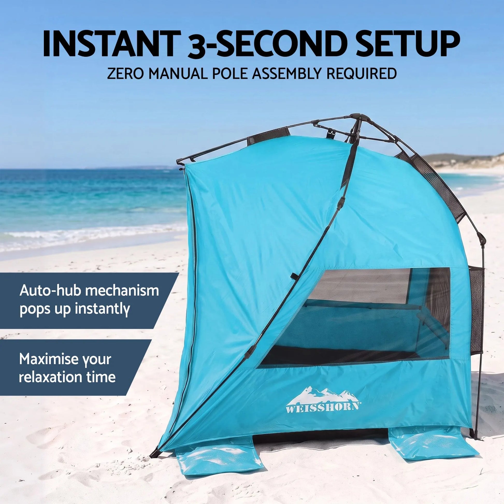Weisshorn Beach Tent 3-4 Person Pop Up Sun Shade UPF 50 Automatic Outdoor Blue - Image 4