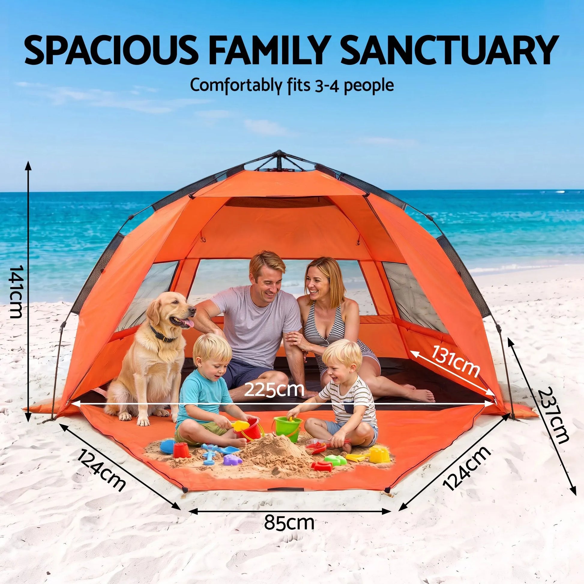 Weisshorn Beach Tent 3-4 Person Pop Up Sun Shade UPF 50 Automatic Outdoor Orange - Image 2