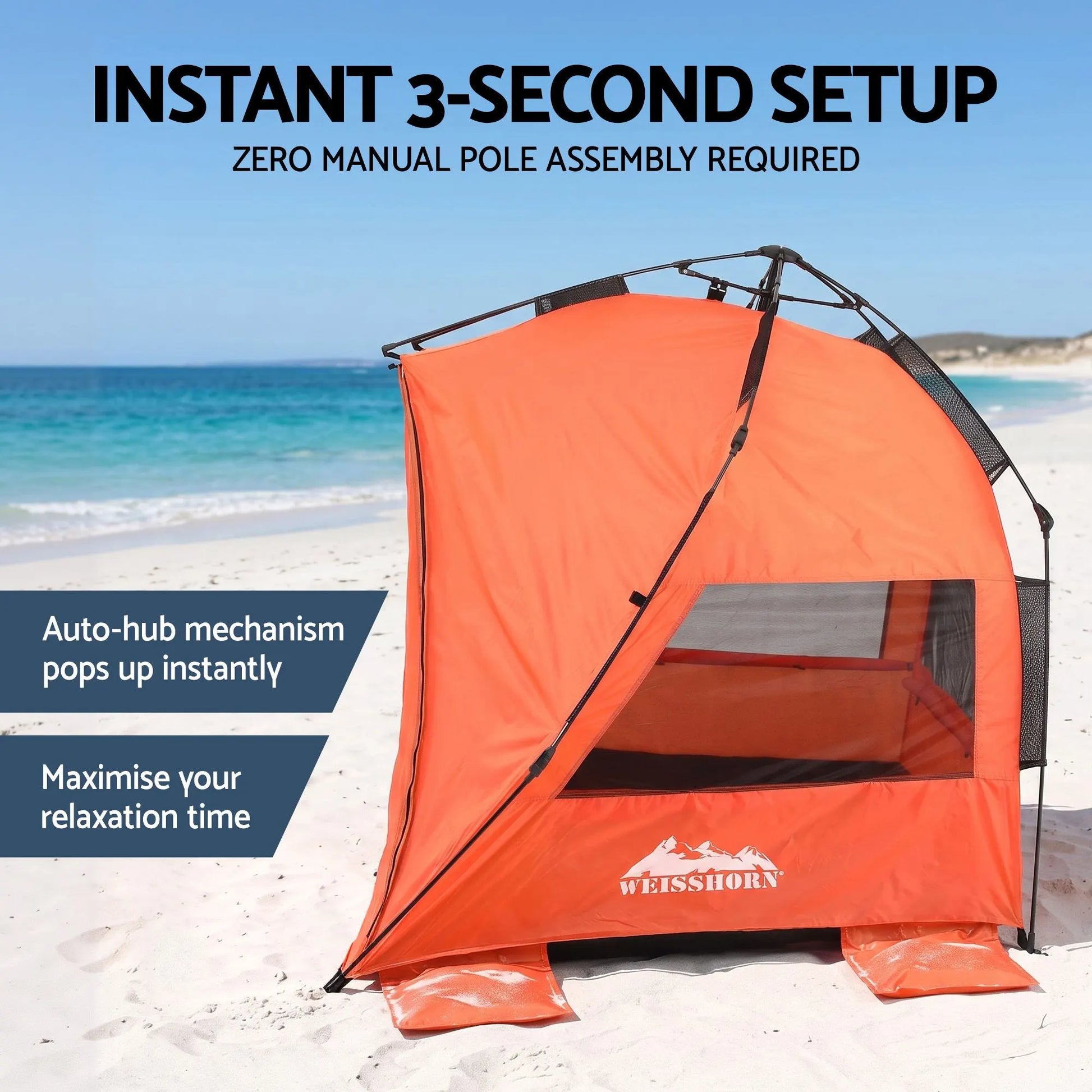 Weisshorn Beach Tent 3-4 Person Pop Up Sun Shade UPF 50 Automatic Outdoor Orange - Image 4