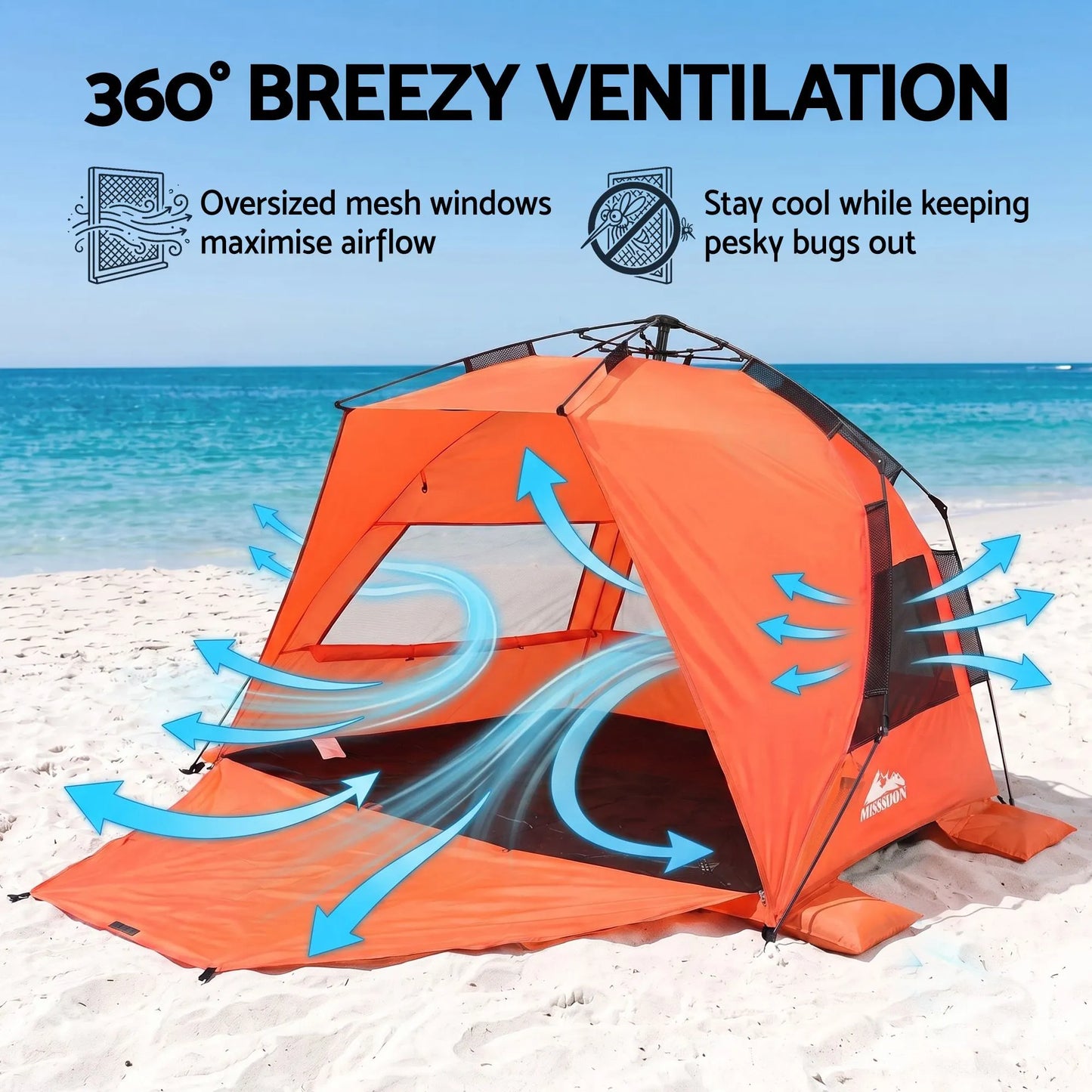 Weisshorn Beach Tent 3-4 Person Pop Up Sun Shade UPF 50 Automatic Outdoor Orange - Image 5