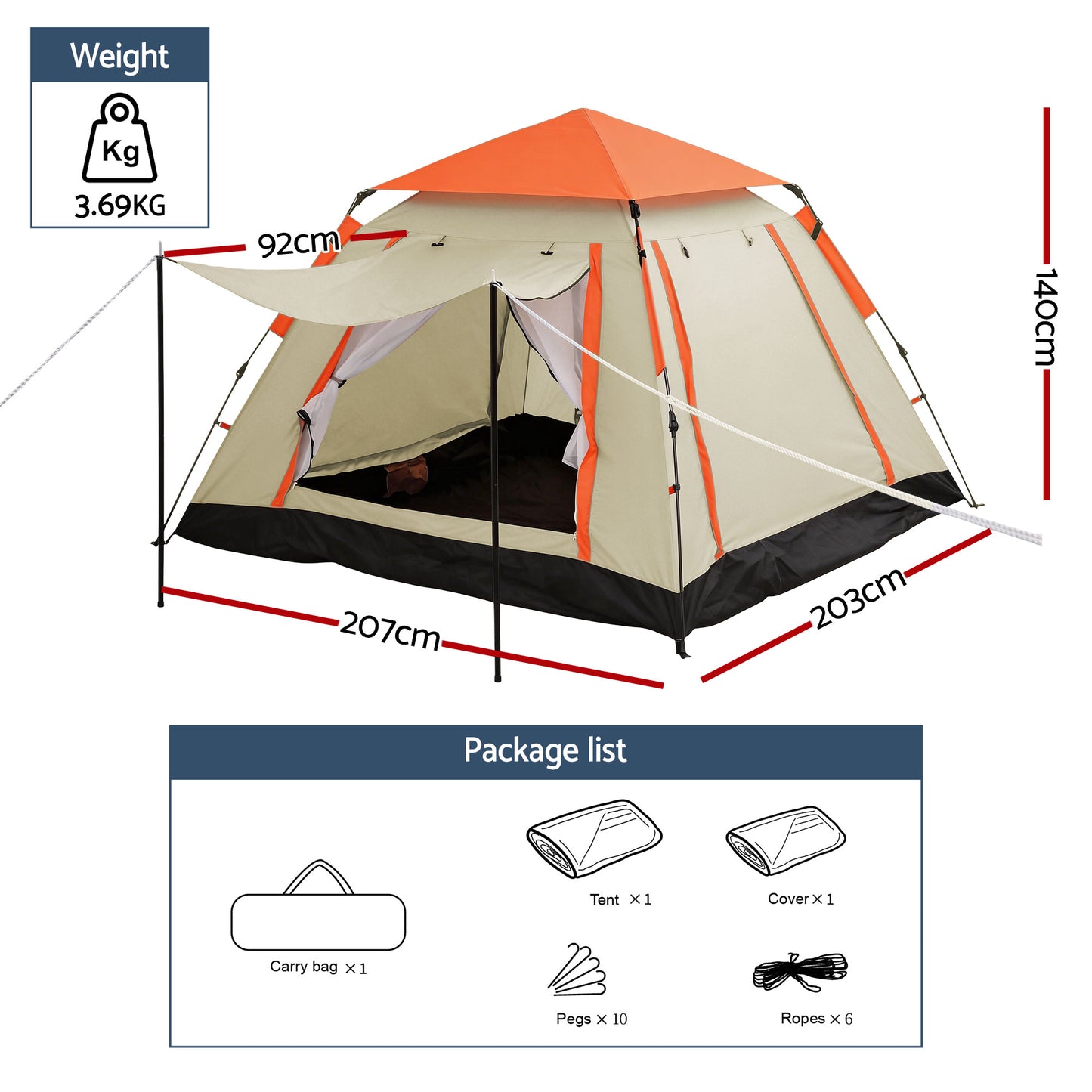 Weisshorn Pop Up Camping Tent 3-4 Person Automatic Tent Instant Setup Waterproof - Image 2
