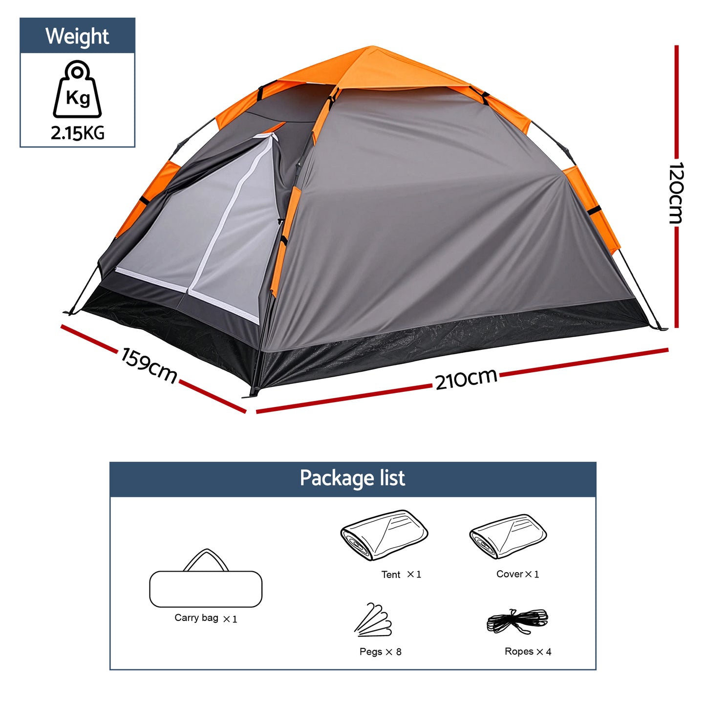 Weisshorn 2 Person Instant Pop Up Camping Tent Automatic Waterproof Hiking Beach - Image 2
