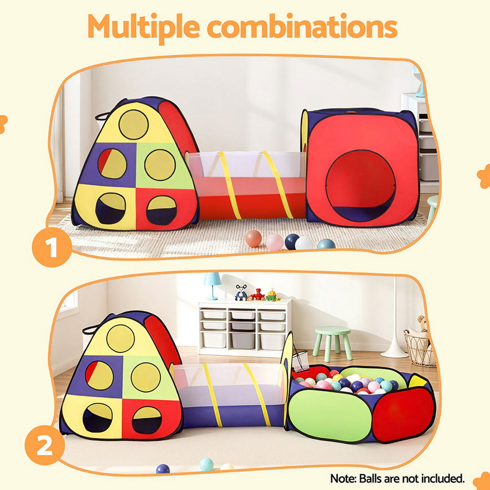 Keezi Kids Play Tent Pop Up Teepee Playhouse Ball Pit Crawl Tunnel Basketball Hoop - Image 4