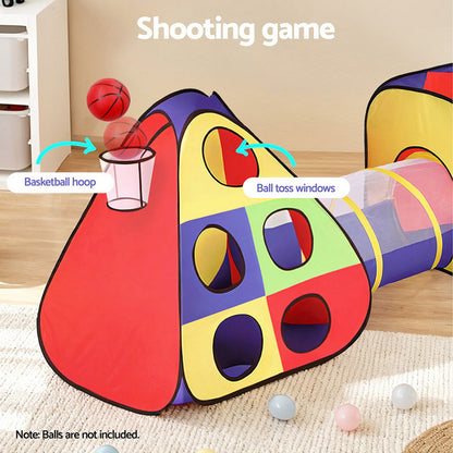 Keezi Kids Play Tent Pop Up Teepee Playhouse Ball Pit Crawl Tunnel Basketball Hoop - Image 5