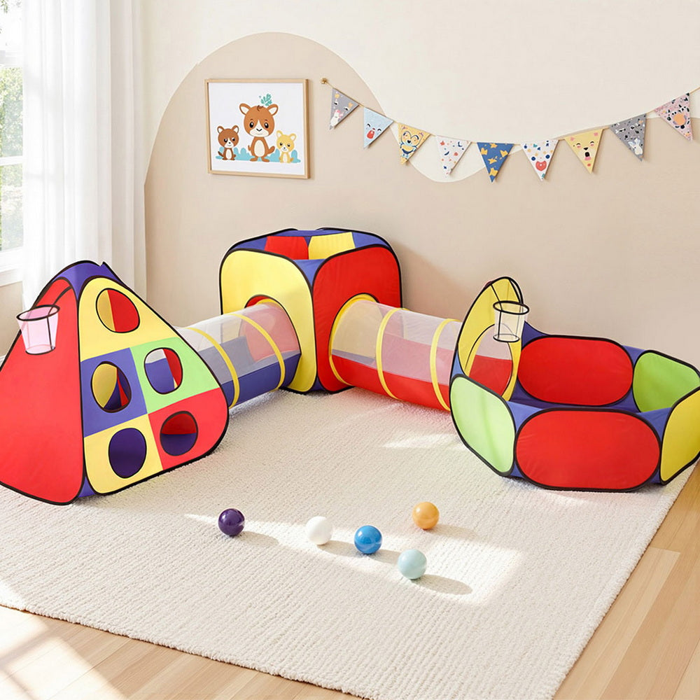 Keezi Kids Play Tent Pop Up Teepee Playhouse Ball Pit Crawl Tunnel Basketball Hoop - Image 7