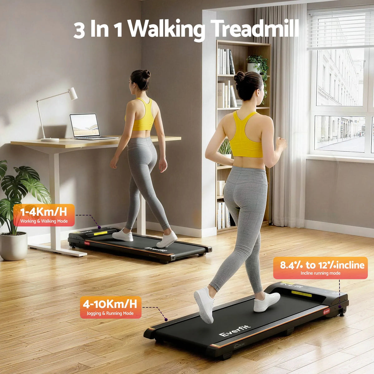 Everfit 3 in 1 Walking Pad Treadmill 12% Incline Under Desk Treadmills for Home Gym With 38cm Wide Belt - Image 4
