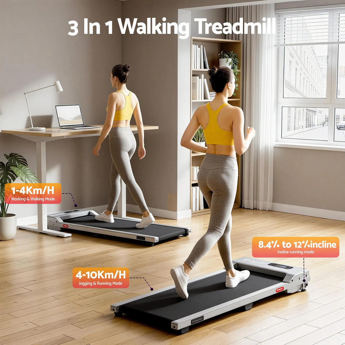Everfit 3 in 1 Walking Pad Treadmill 12% Incline Under Desk Treadmills for Home Gym With 38cm Wide Belt Silver - Image 4