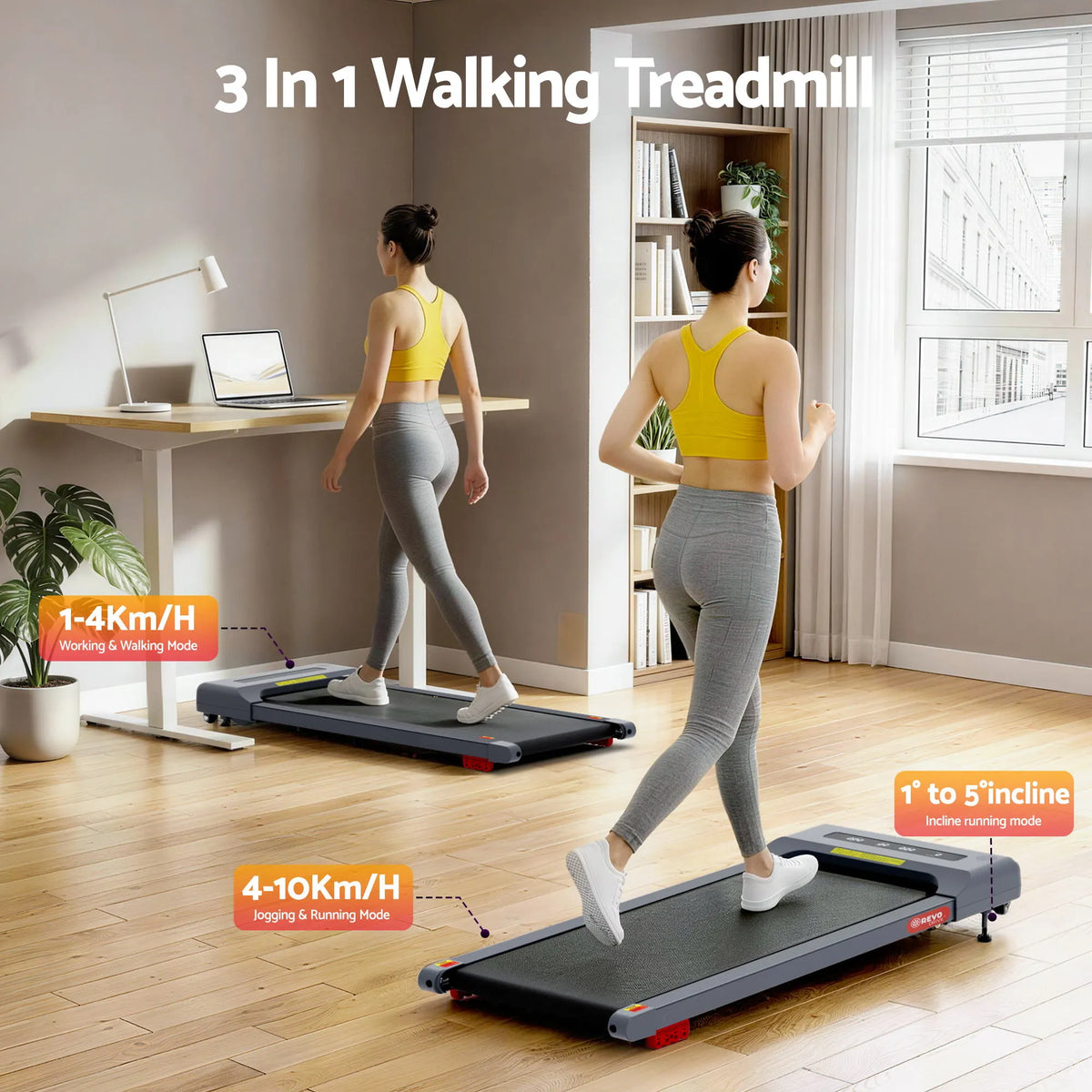 Everfit 3 in 1 Treadmill Electric Walking Pad Incline Under Desk Home Gym 380mm Grey - Image 4