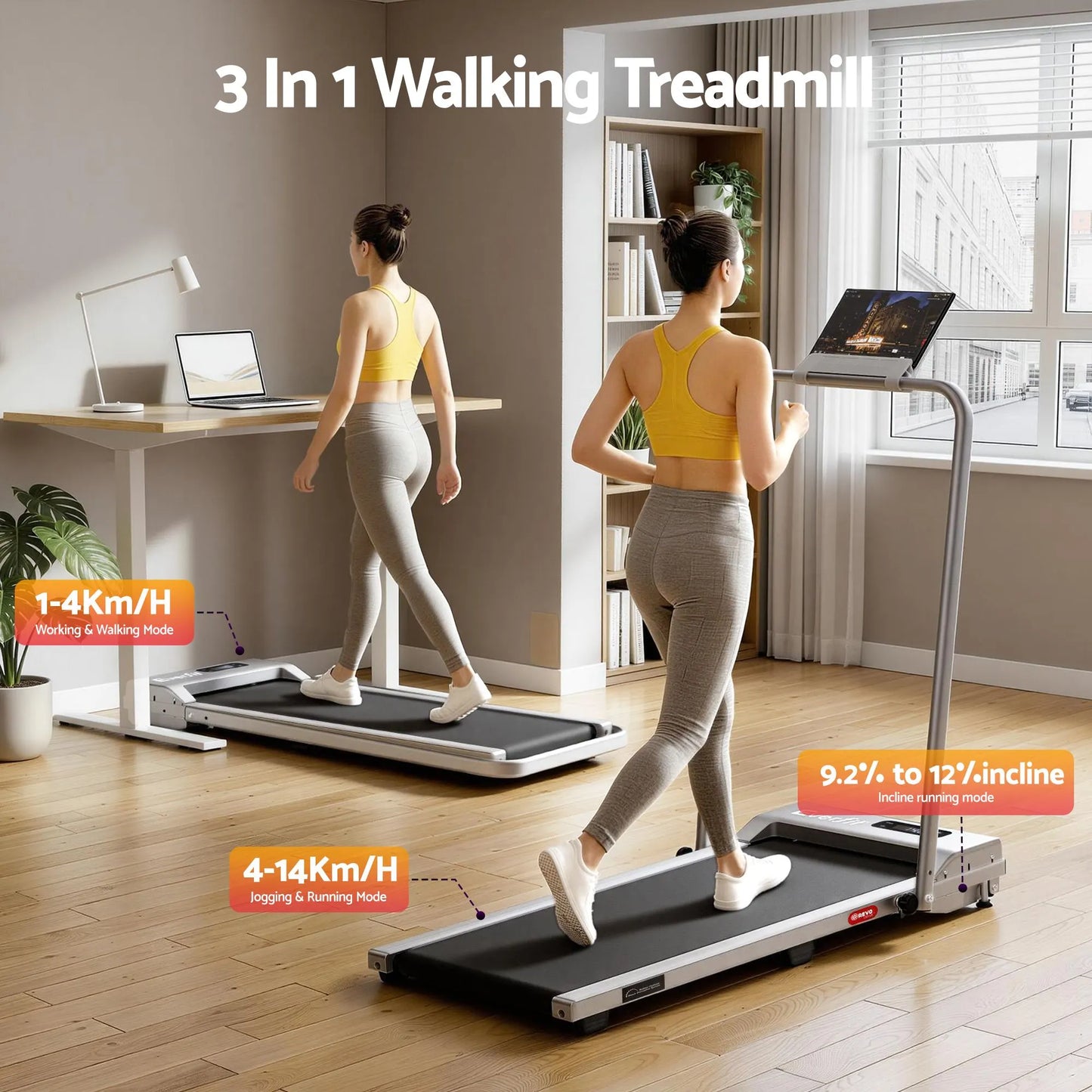 Everfit 3 in 1 Walking Pad Treadmill 12% Incline Foldable Under Desk Treadmills for Home Gym With 38cm Wide Belt Silver - Image 3