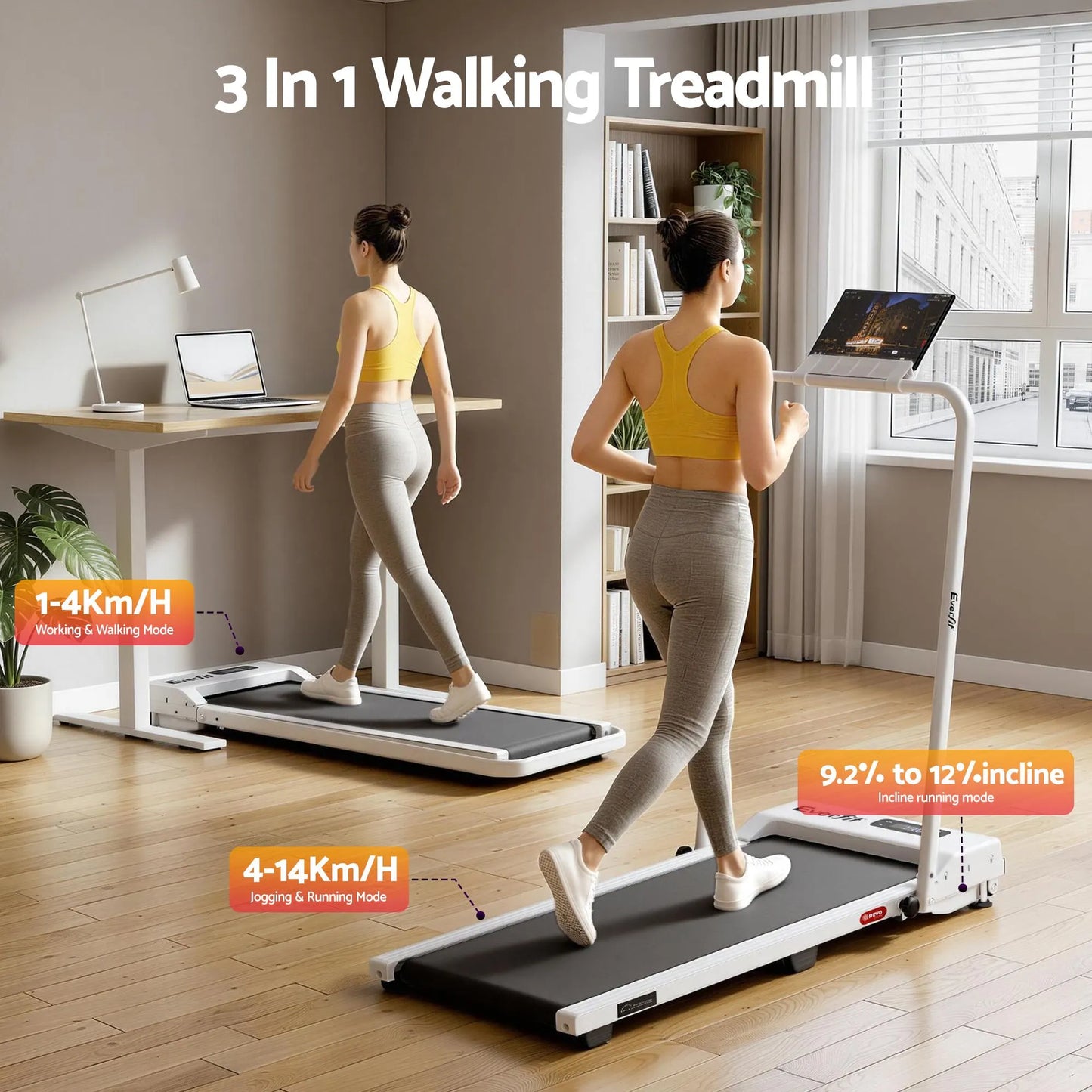 Everfit 3 in 1 Walking Pad Treadmill 12% Incline Foldable Under Desk Treadmills for Home Gym With 38cm Wide Belt White - Image 3