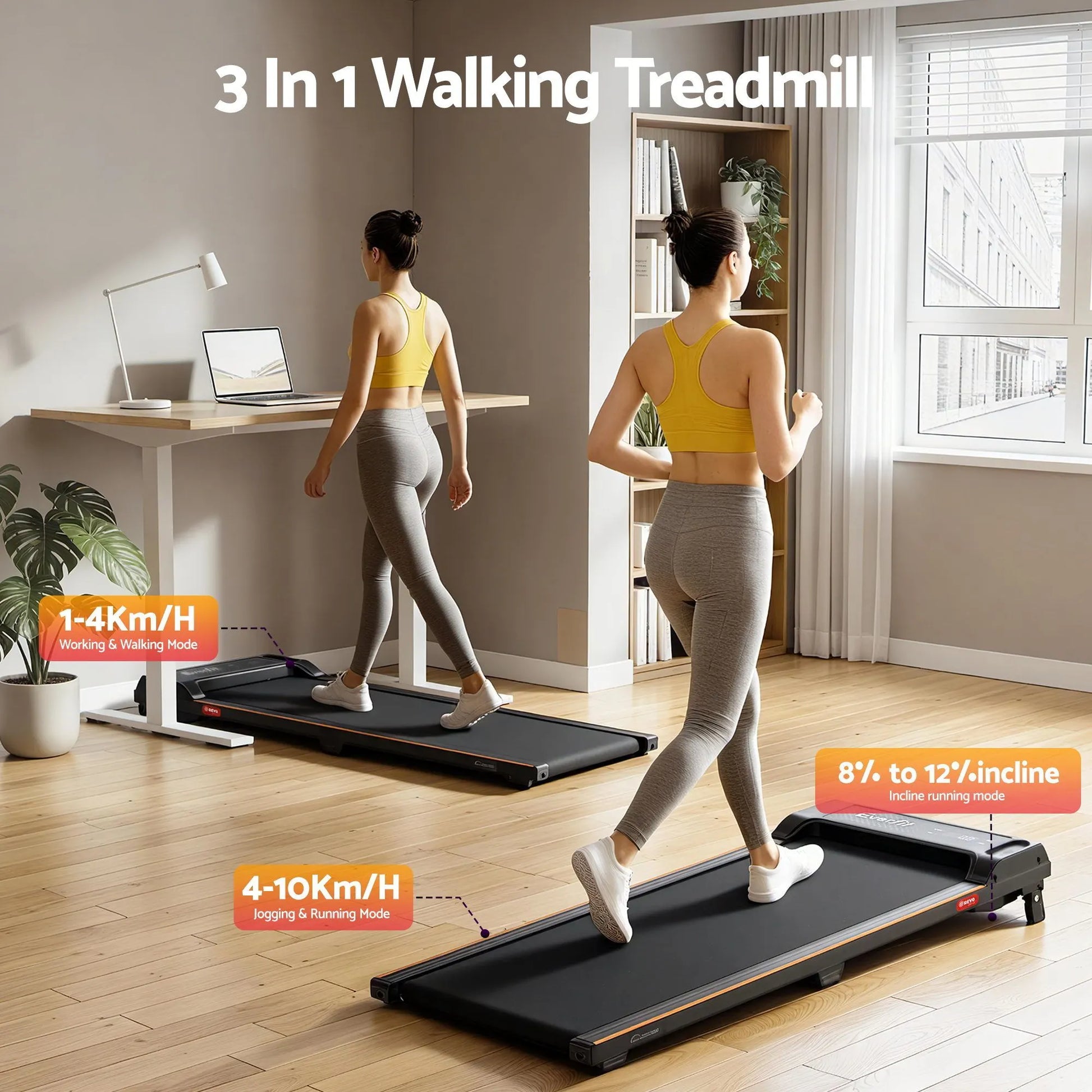 Everfit 3 in 1 Walking Pad Treadmill 12% Incline Under Desk Treadmills for Home Gym With 40cm Wide Belt Black - Image 4