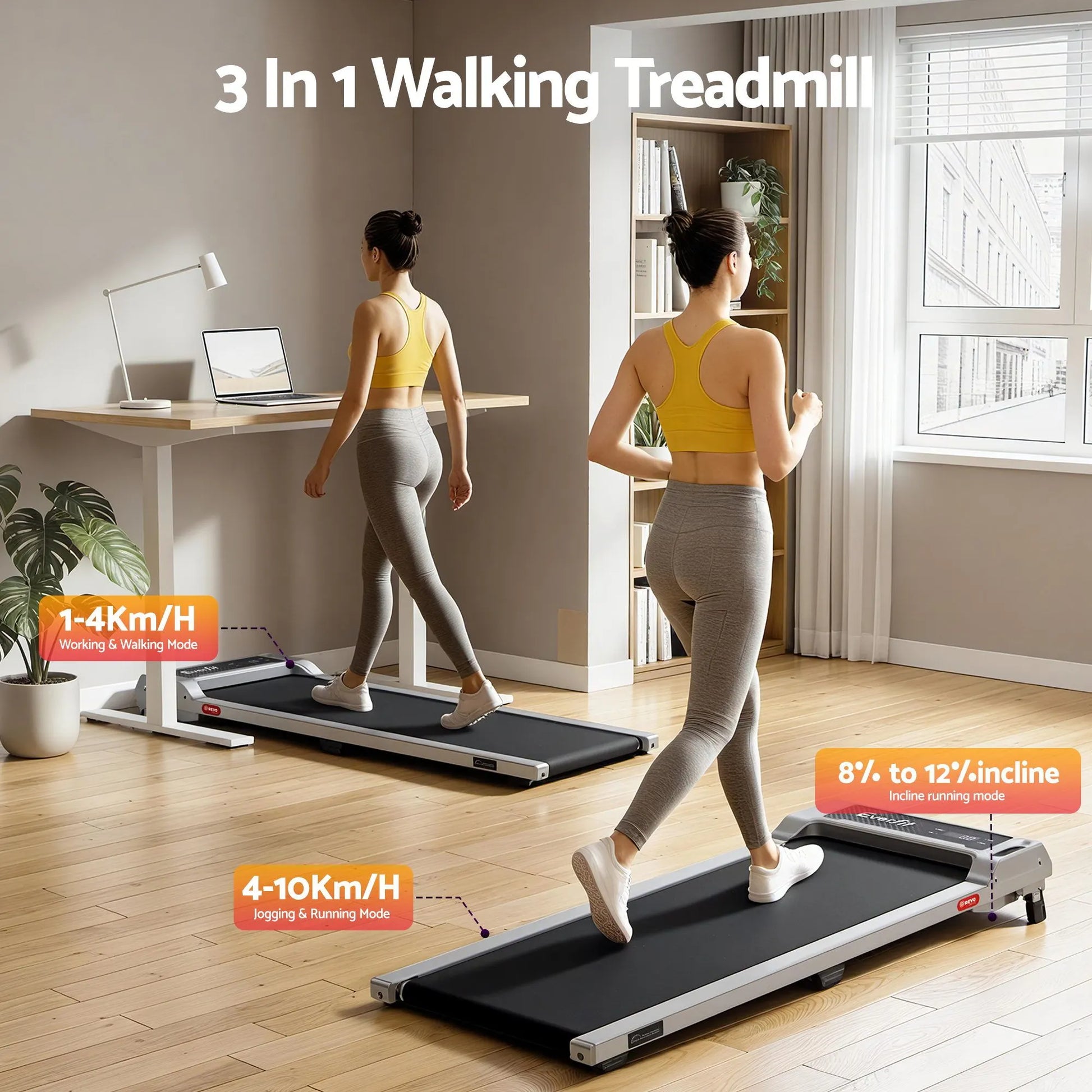 Everfit 3 in 1 Walking Pad Treadmill 12% Incline Under Desk Treadmills for Home Gym With 40cm Wide Belt Sliver - Image 4