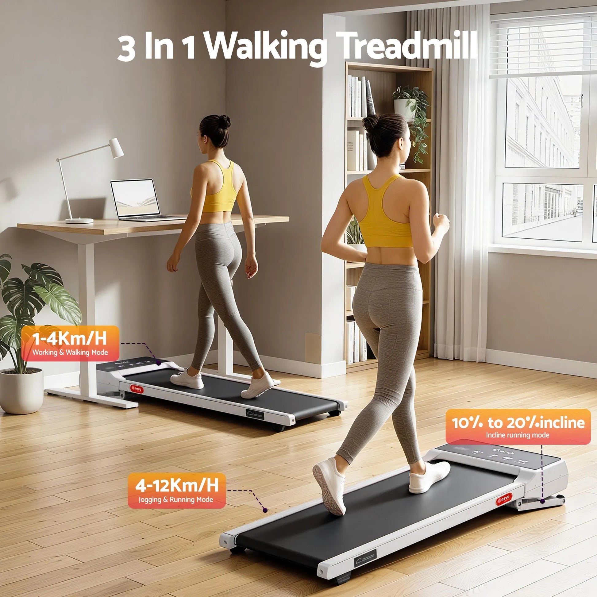 Everfit 3 in 1 Walking Pad Treadmill 20% Auto Incline Under Desk Treadmills for Home Gym With 40cm Wide Belt White - Image 3