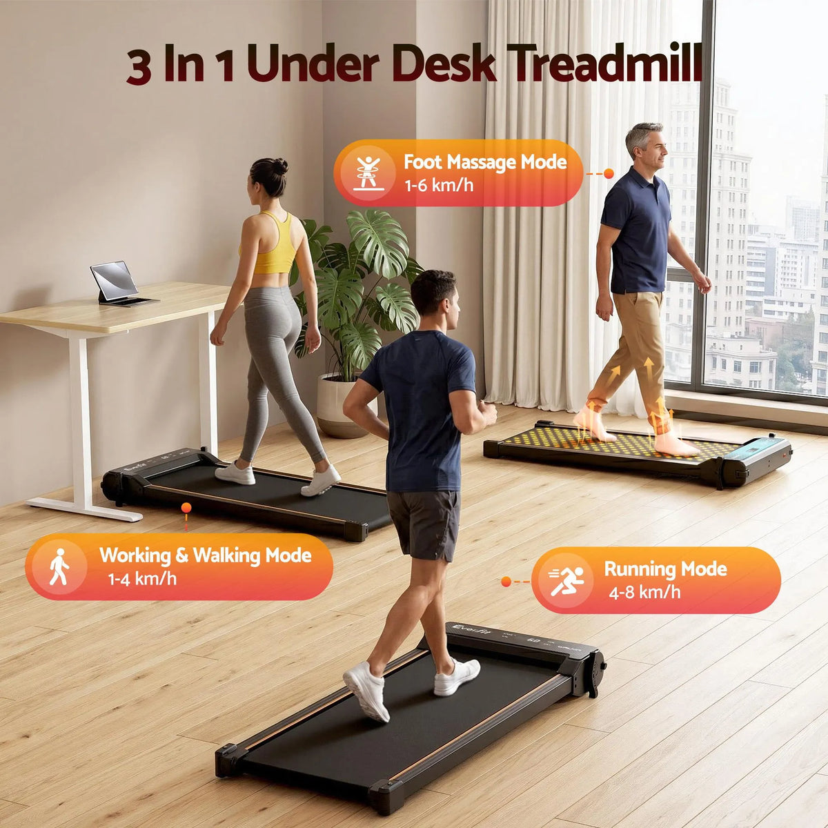 Everfit 2 in 1 Walking Pad Treadmill Dual-Sided Under Desk Treadmills with Foot Massage for Home Gym with App Control Black - Image 2