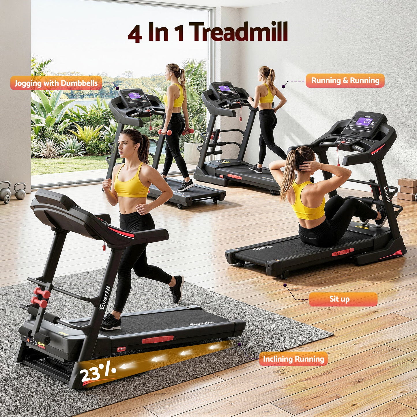 Everfit Treadmill Electric Home Gym Fitness Exercise Machine w/ Sit Up Bar 480mm - Image 3