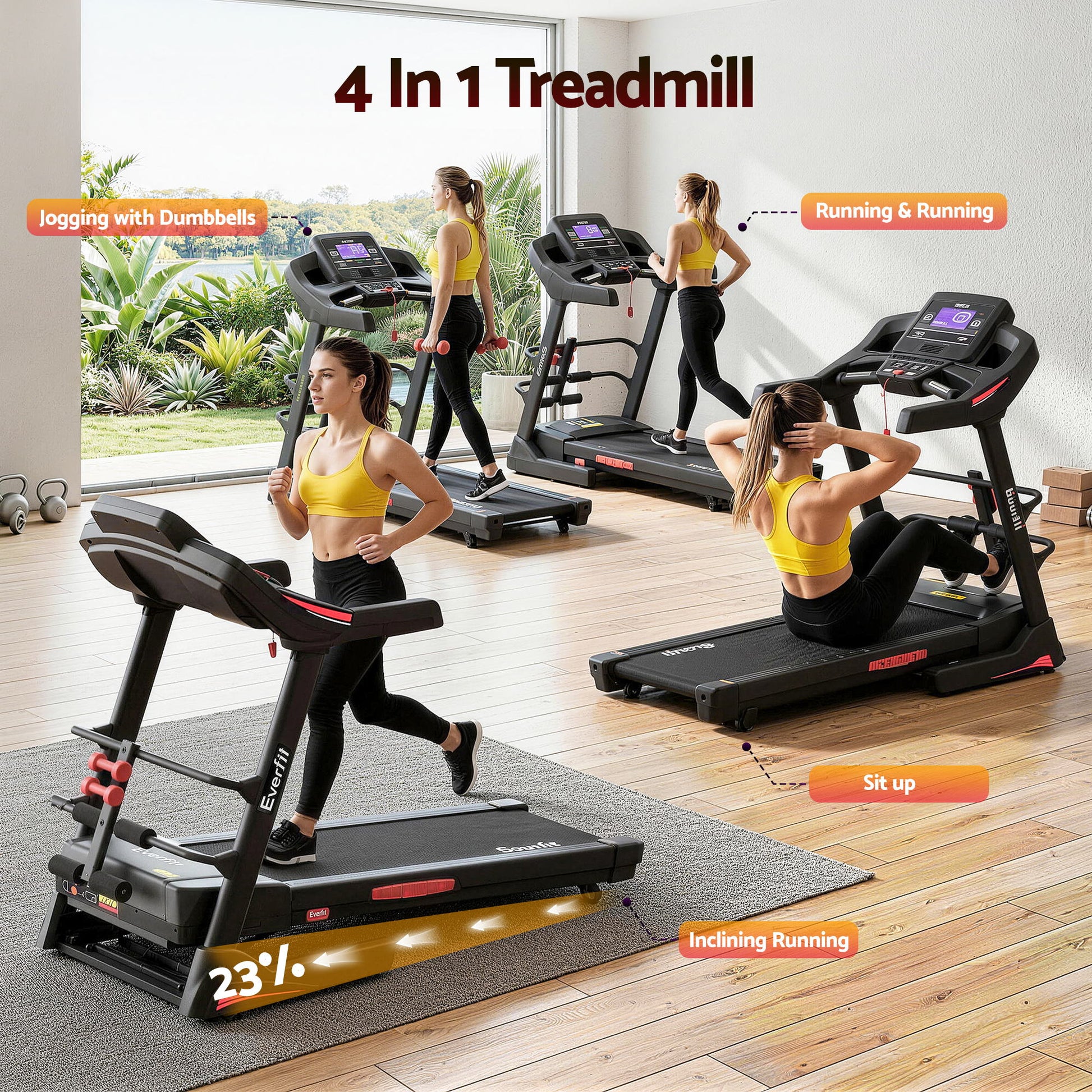 Everfit Treadmill Electric Home Gym Fitness Exercise Machine w/ Sit Up Bar 480mm - Image 3