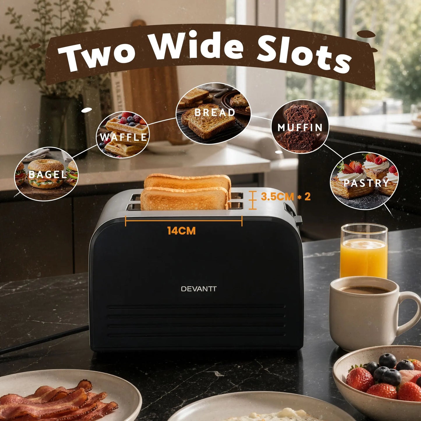 Devanti 2-Slice Toaster, LED Display 3.5cm Wide Slots 6 Browning Levels - Image 2