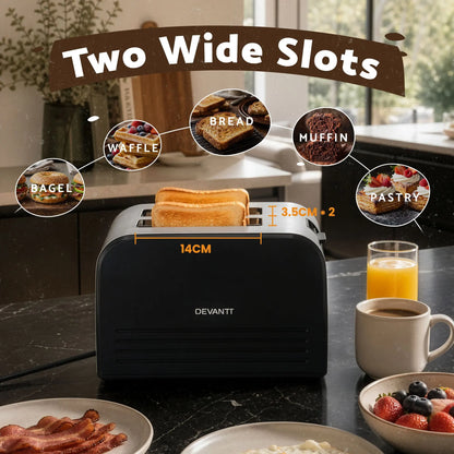 Devanti 2-Slice Toaster, LED Display 3.5cm Wide Slots 6 Browning Levels - Image 2