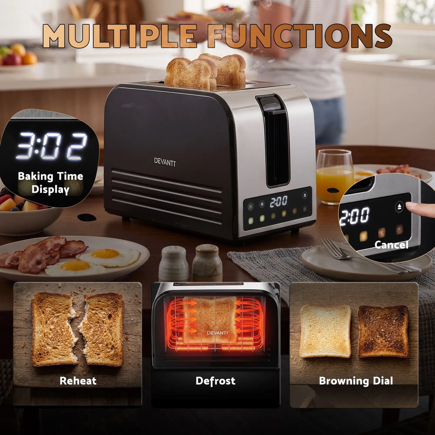 Devanti 2-Slice Toaster, LED Display 3.5cm Wide Slots 6 Browning Levels - Image 4