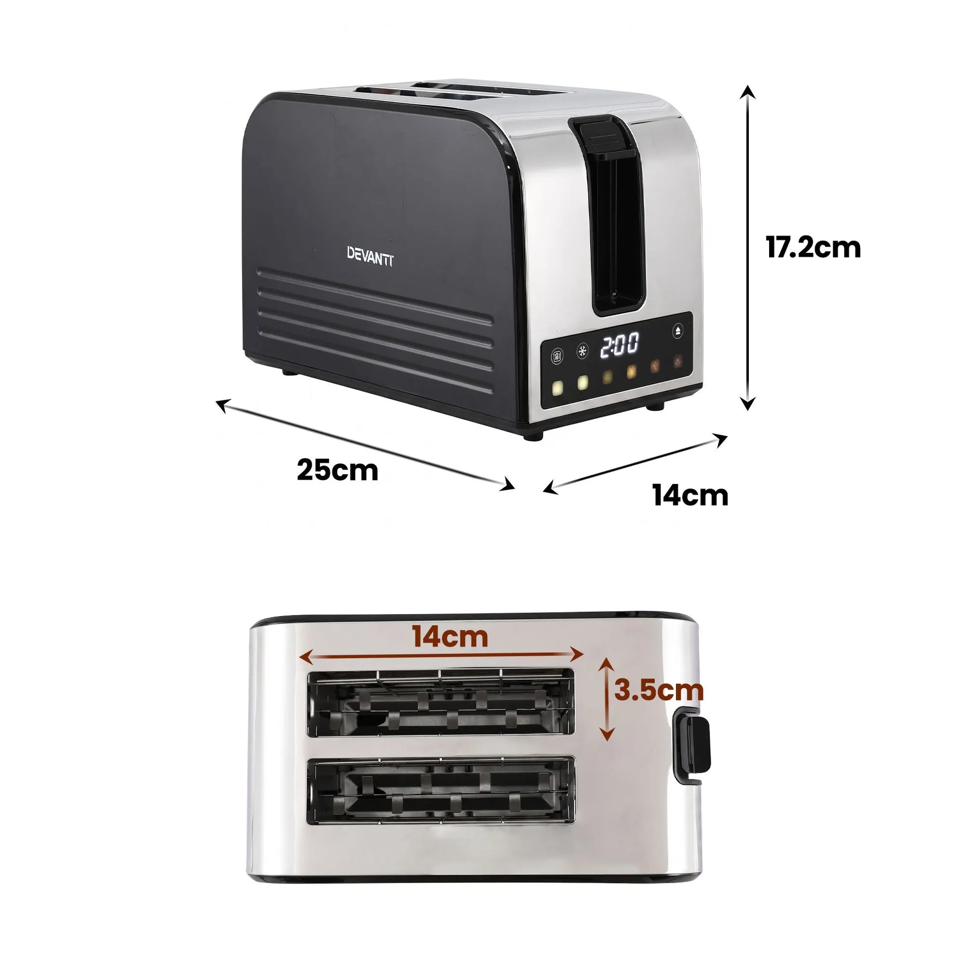Devanti 2-Slice Toaster, LED Display 3.5cm Wide Slots 6 Browning Levels - Image 7