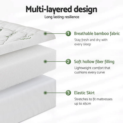Giselle Bedding 5cm Pillowtop Mattress Topper 1000GSM Thick Soft Bamboo Cooling Pad for Back Pain Relief & Guest Bed, Washable Overfilled Cover with 45cm Deep Pocket Queen - Image 5