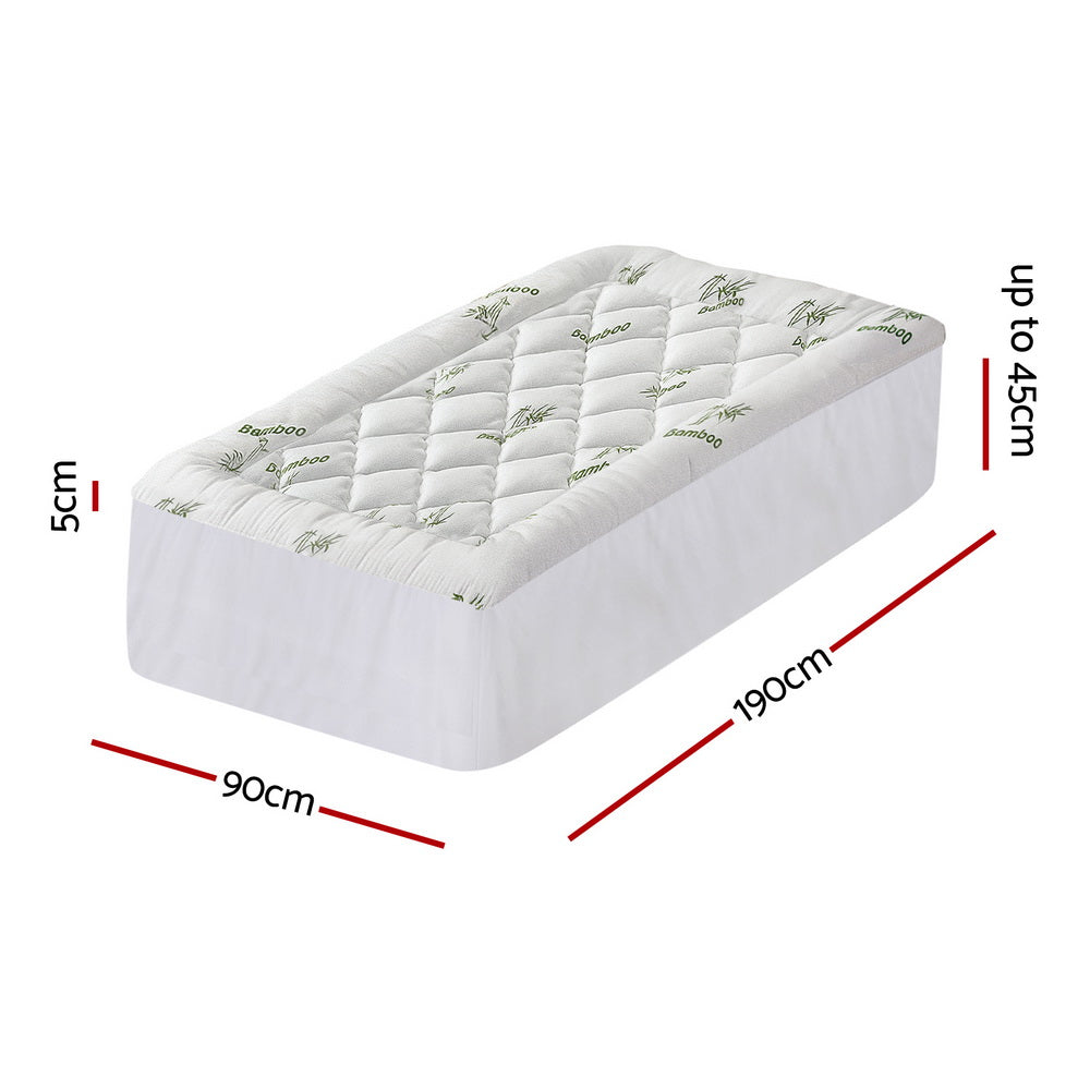 Giselle Bedding 5cm Pillowtop Mattress Topper 1000GSM Thick Soft Bamboo Cooling Pad for Back Pain Relief & Guest Bed, Washable Overfilled Cover with 45cm Deep Pocket Single - Image 2