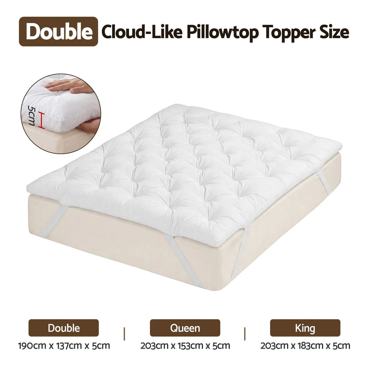 Giselle Double Pillow Top Mattress Topper 1300GSM White Duck Feather For Old Bed Upgrade 5cm Thick