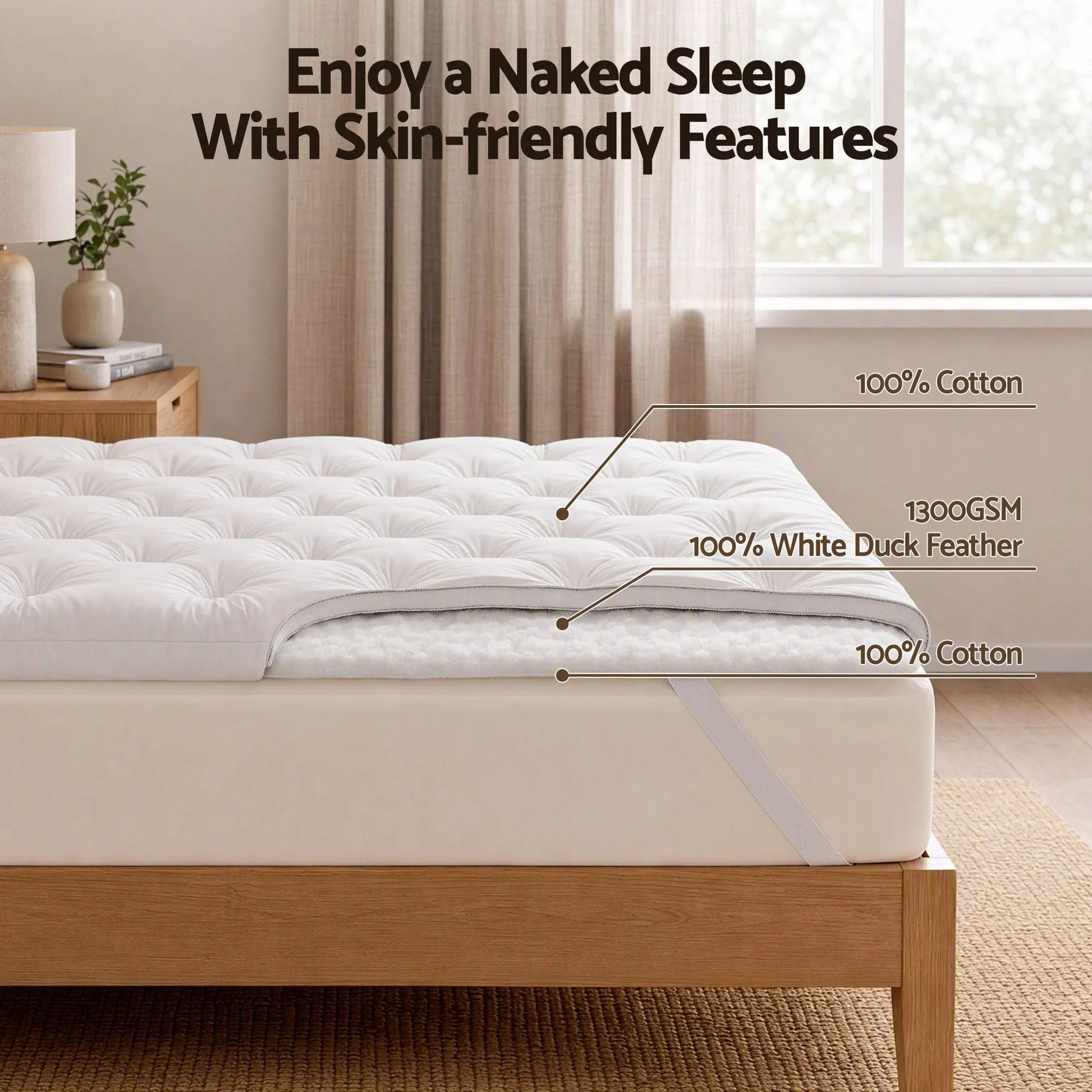 Giselle Double Pillow Top Mattress Topper 1300GSM White Duck Feather For Old Bed Upgrade 5cm Thick - Image 2