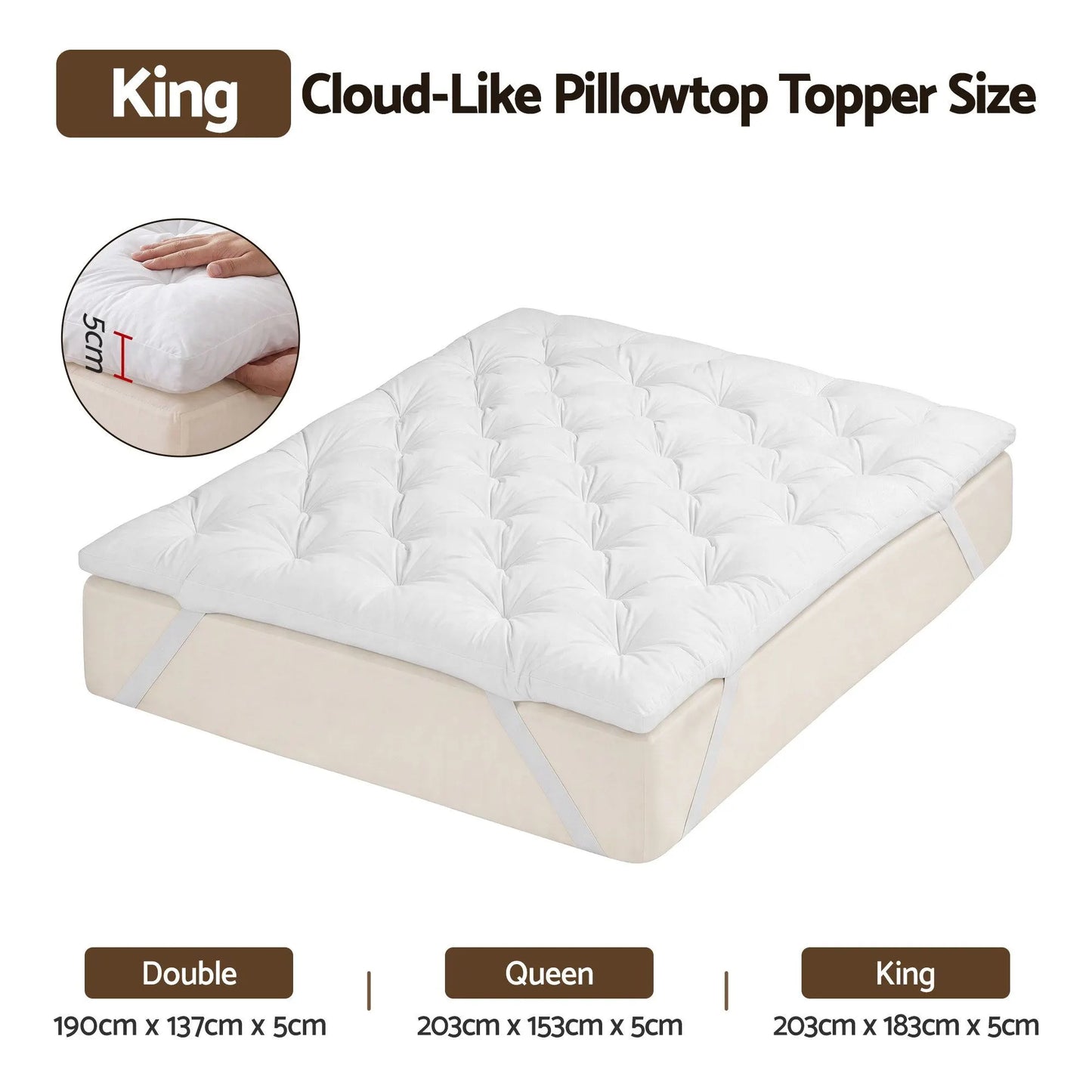 Giselle King Pillow Top Mattress Topper 1300GSM White Duck Feather For Old Bed Upgrade 5cm Thick