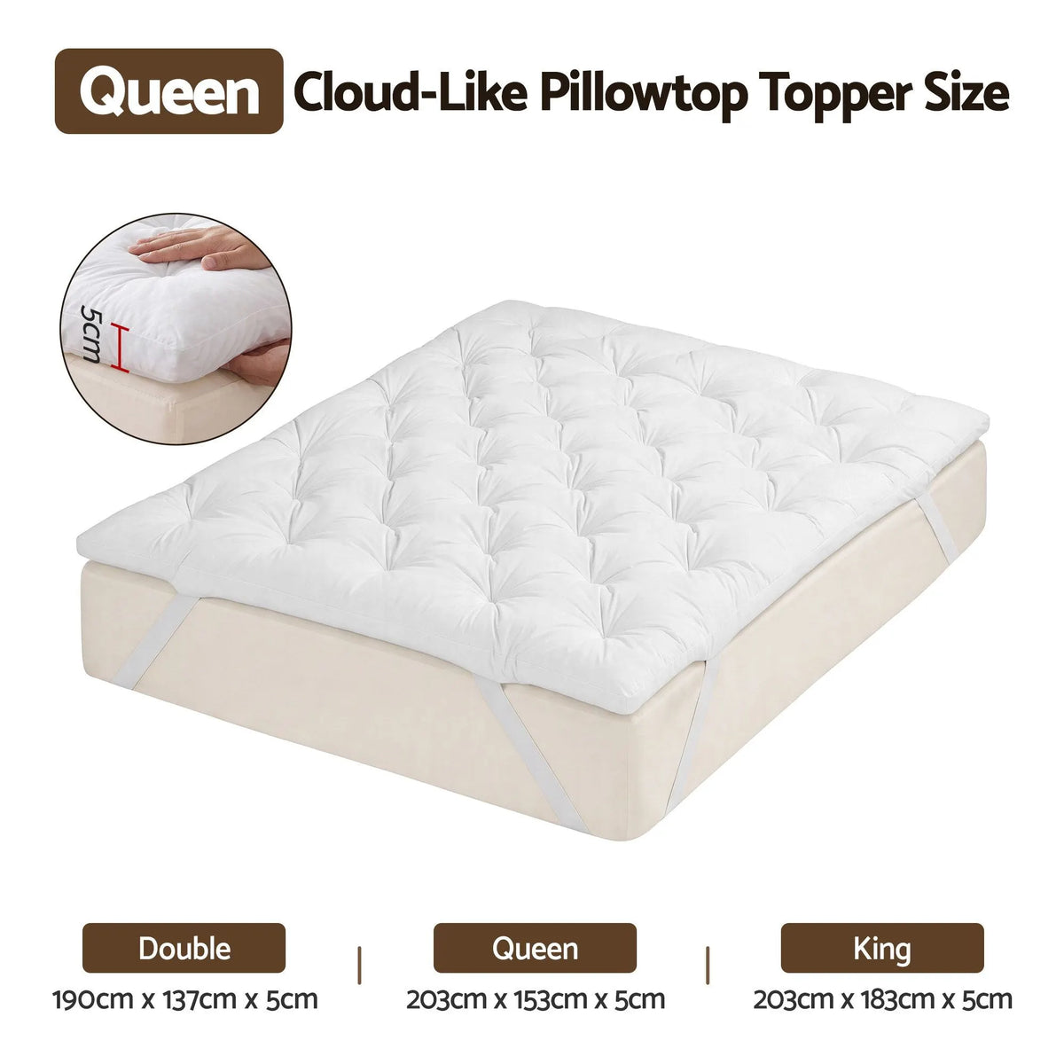 Giselle Queen Pillow Top Mattress Topper 1300GSM White Duck Feather For Old Bed Upgrade 5cm Thick