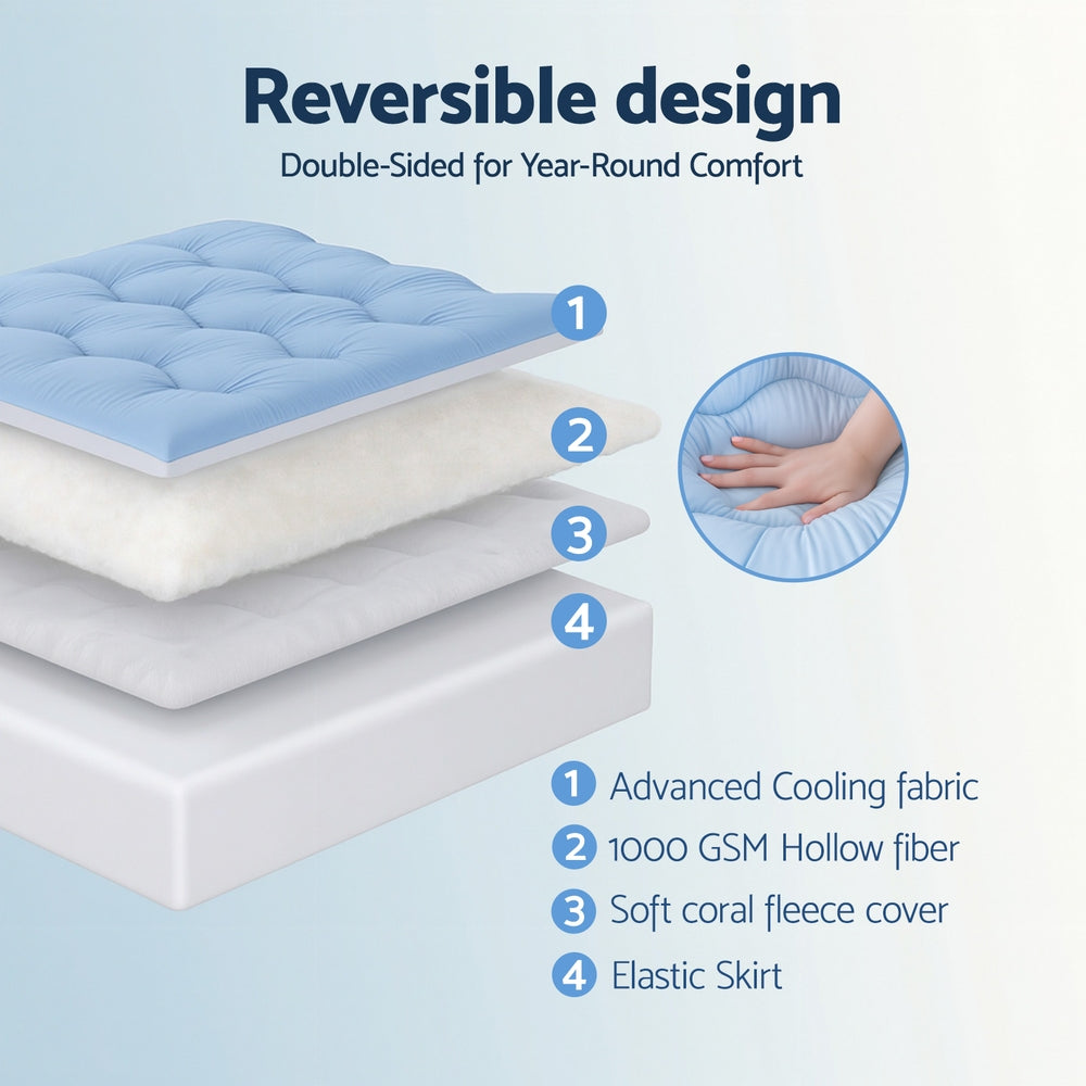 Giselle Bedding Pillowtop Mattress Topper 5cm Reversible Cooling & Soft Coral Fleece Pad for Back Pain Relief, Washable Skin-friendly Bed Protector with 45cm Deep Pocket Queen - Image 5