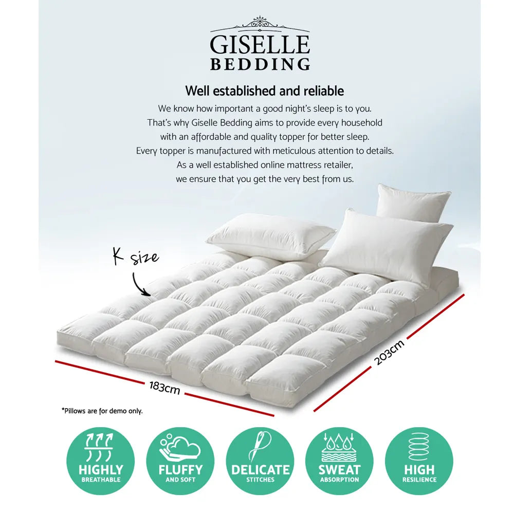 Giselle Bedding Pillowtop Mattress Topper 5cm Thick Pad for Back Pain Relief Washable Underlay Protector 1000GSM Microfibre Filling 45cm Deep Pocket King - Image 2