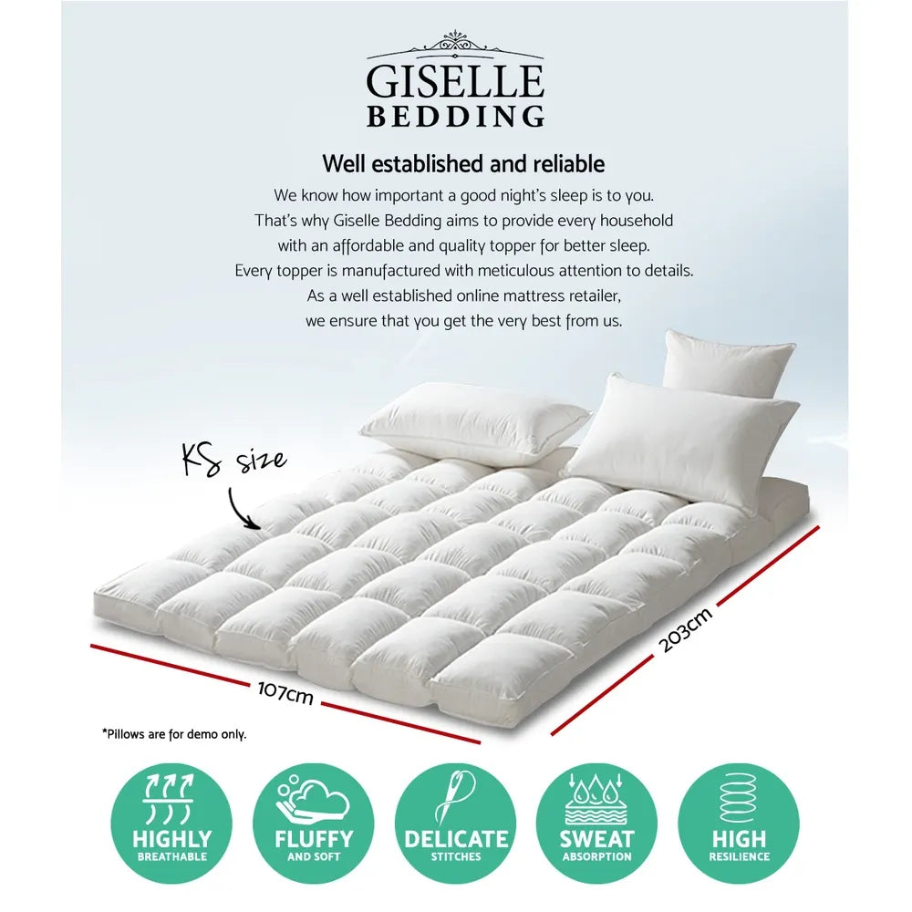 Giselle Bedding Pillowtop Mattress Topper 5cm Thick Pad for Back Pain Relief Washable Underlay Protector 1000GSM Microfibre Filling 45cm Deep Pocket King Single - Image 2