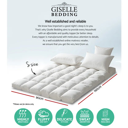 Giselle Bedding Pillowtop Mattress Topper 5cm Thick Pad for Back Pain Relief Washable Underlay Protector 1000GSM Microfibre Filling 45cm Deep Pocket Single - Image 2