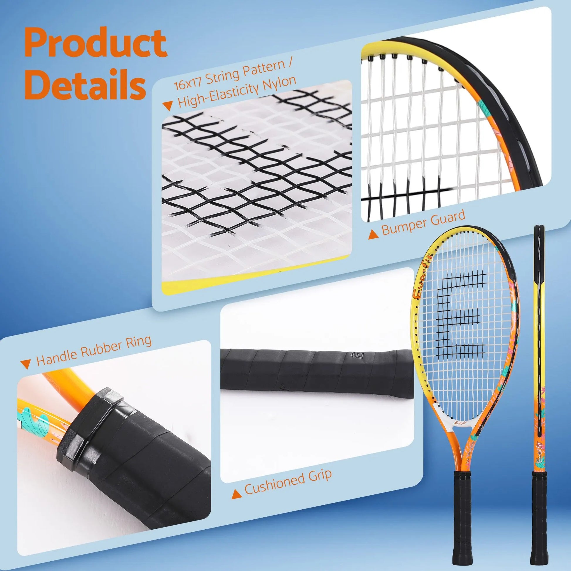 Everfit 23 Inch Tennis Racket Lightweight 200g for Adult and Junior Players Orange - Image 7