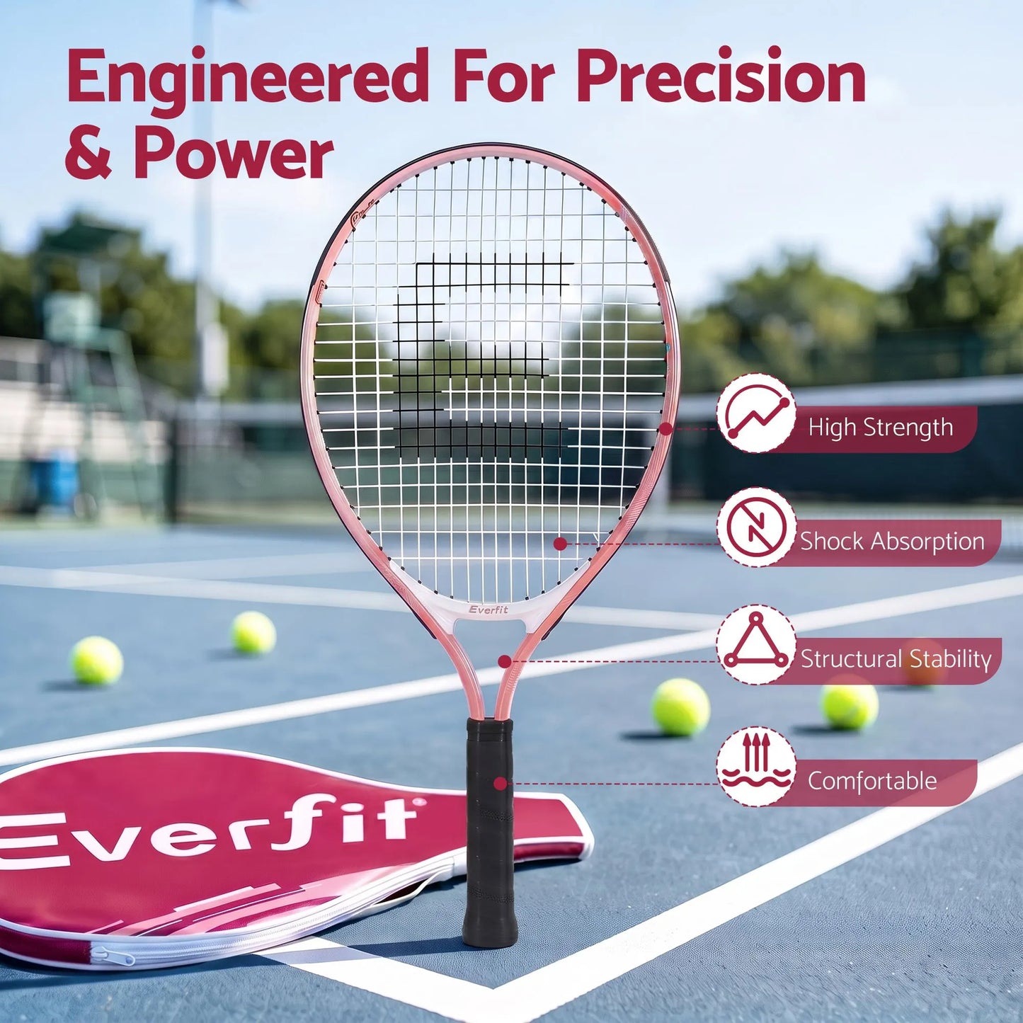 Title Everfit 23 Inch Tennis Racket Lightweight 200g for Adult and Junior Players Pink - Image 4