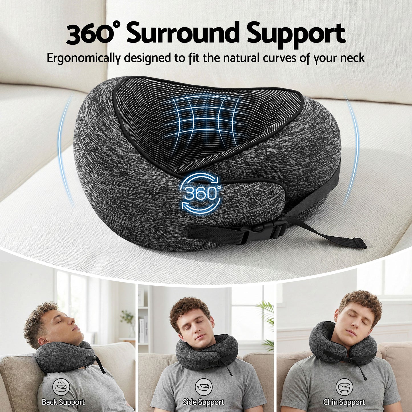 Wanderlite Travel Pillows for Airplanes Ergonomic Memory Foam Neck Pillow, Breathable & Washable Cover, Travel Bag Included, Airplane Pillow for Airplane, Car, Office and Home, Dark Grey - Image 4