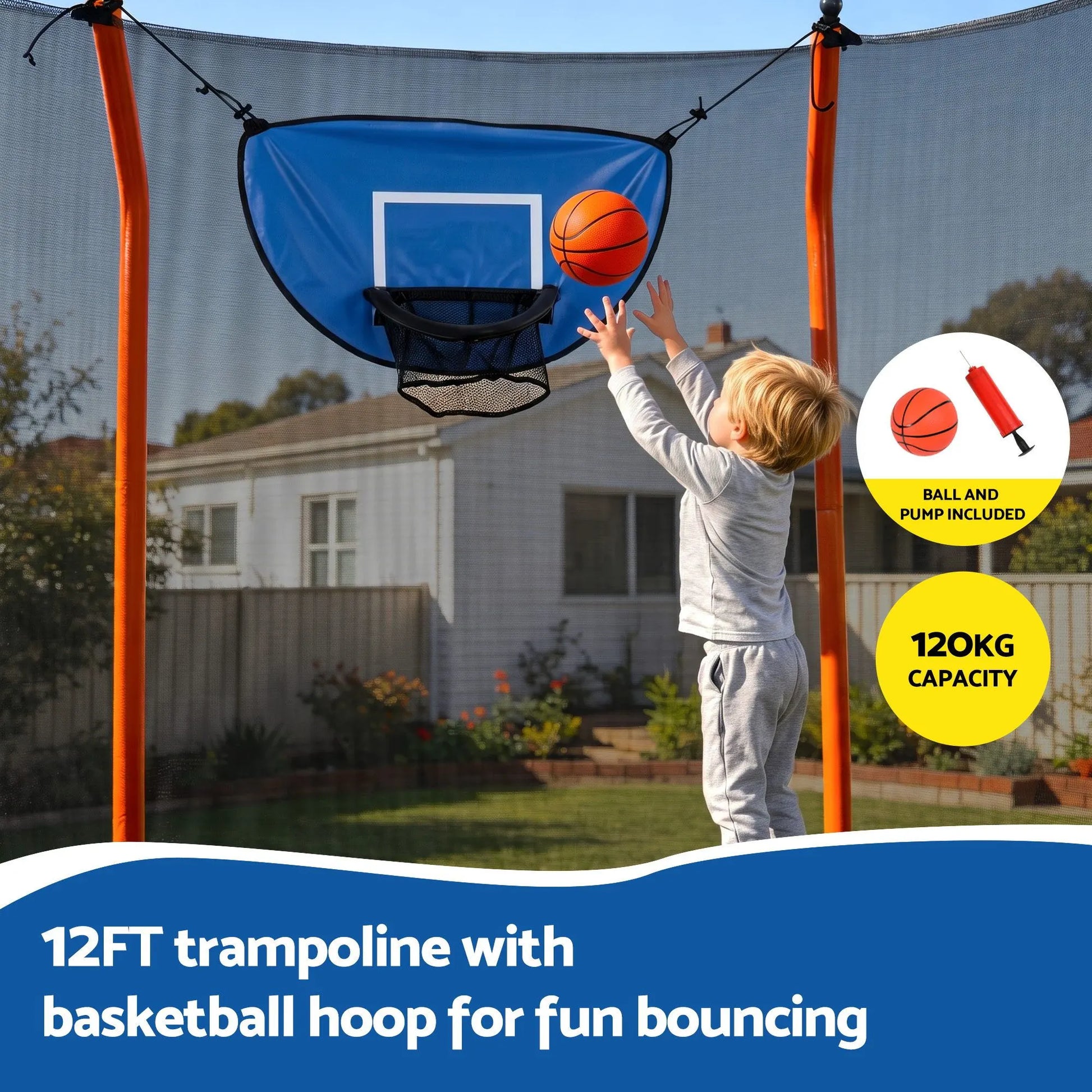 Everfit 12FT Kids Trampoline Rectangle Rebounder with Basketball Set Blue - Image 4