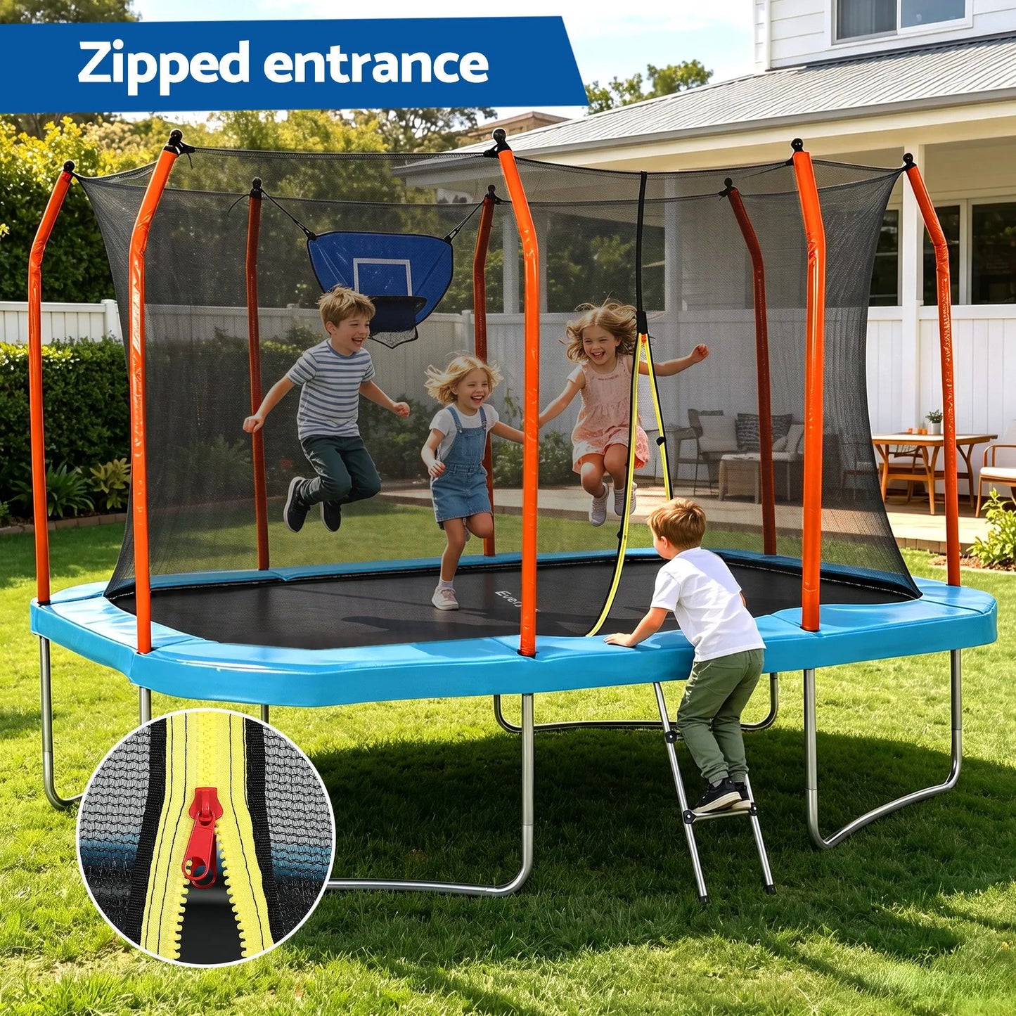 Everfit 12FT Kids Trampoline Rectangle Rebounder with Basketball Set Blue - Image 6