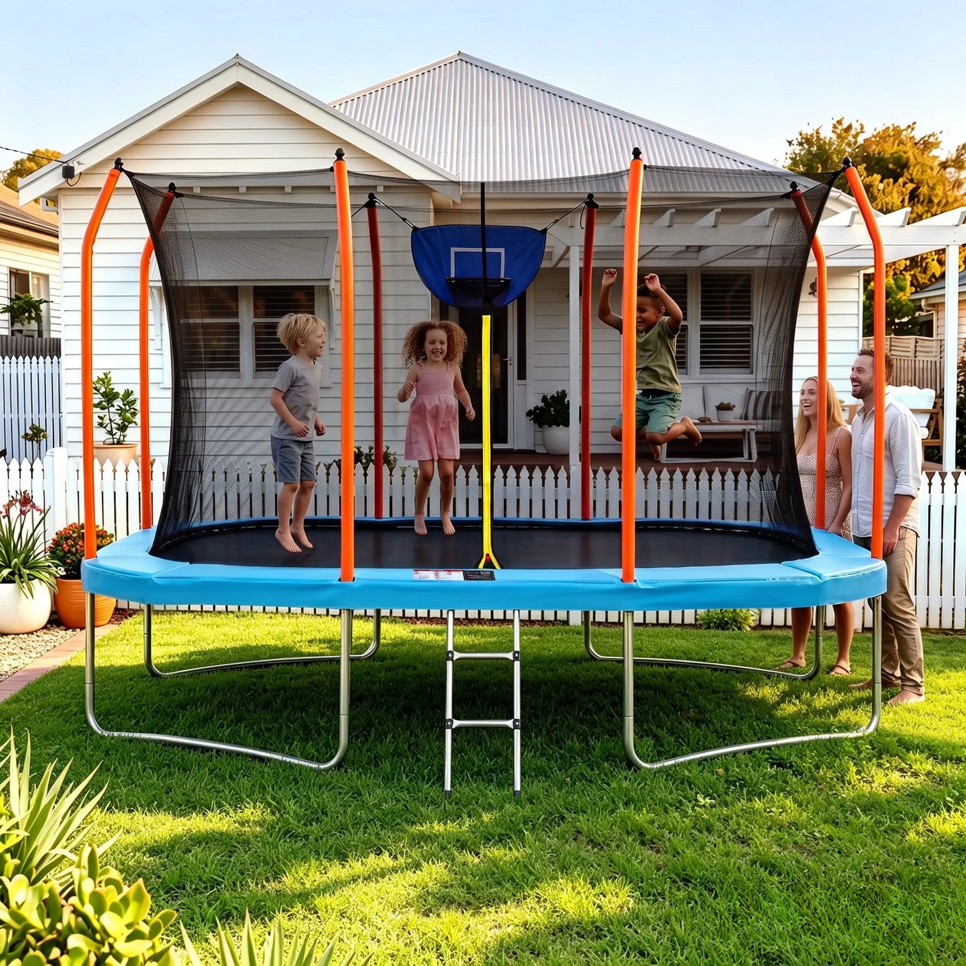 Everfit 12FT Kids Trampoline Rectangle Rebounder with Basketball Set Blue - Image 8