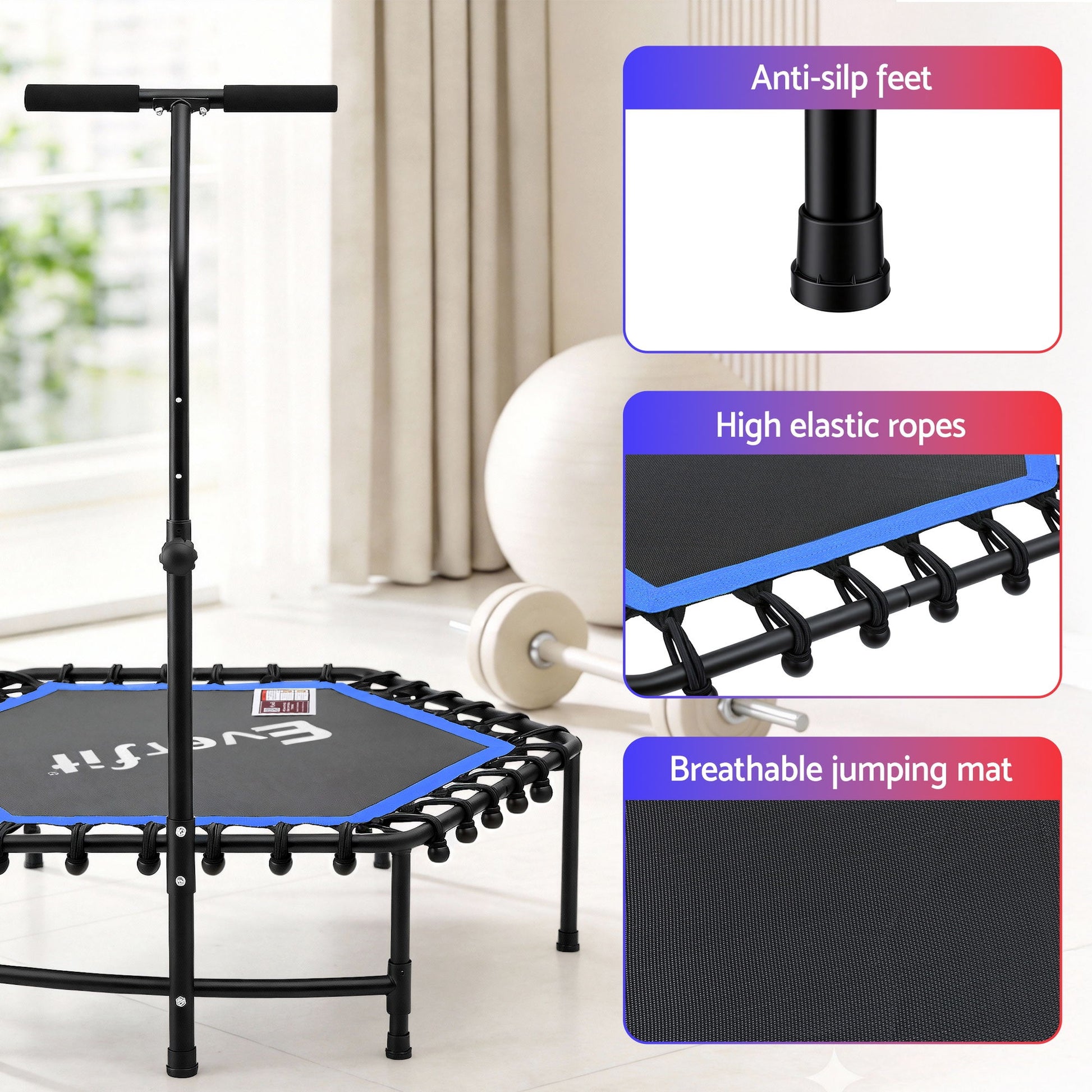 Everfit 48inch Hexagon Fitness Trampoline Rebounder Adjustable Handrail Blue - Image 6