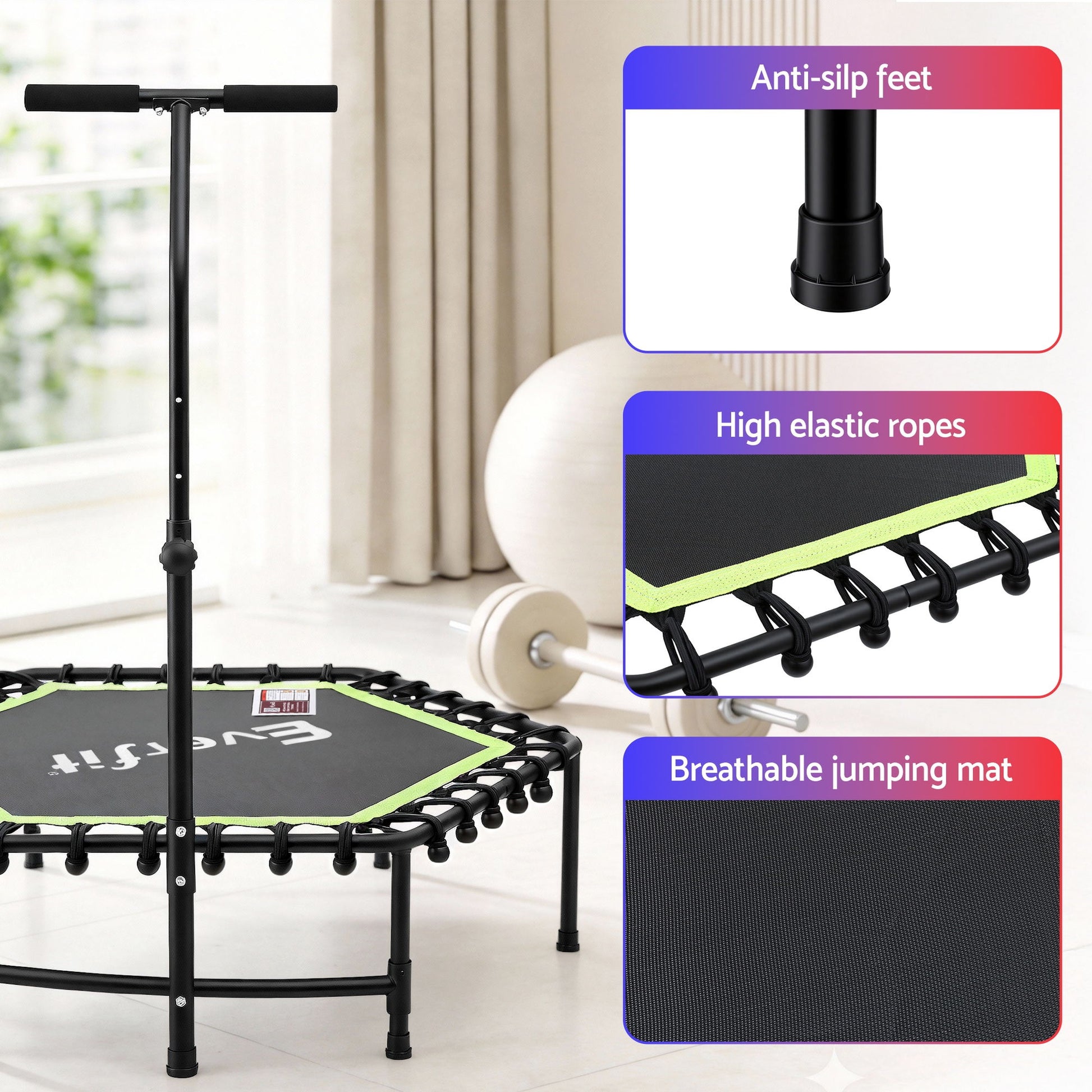 Everfit 48inch Hexagon Fitness Trampoline Rebounder Adjustable Handrail Green - Image 6