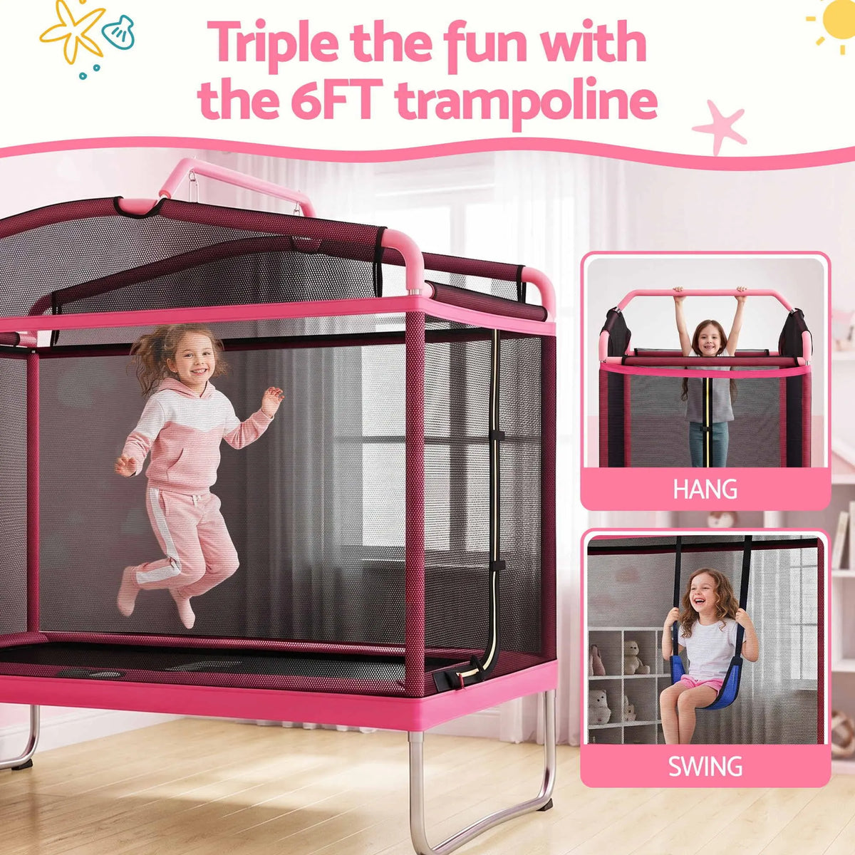 Everfit 3-in-1 Kids Rectangle 6FT Trampoline Rebounder with Swing Belt Pink - Image 4