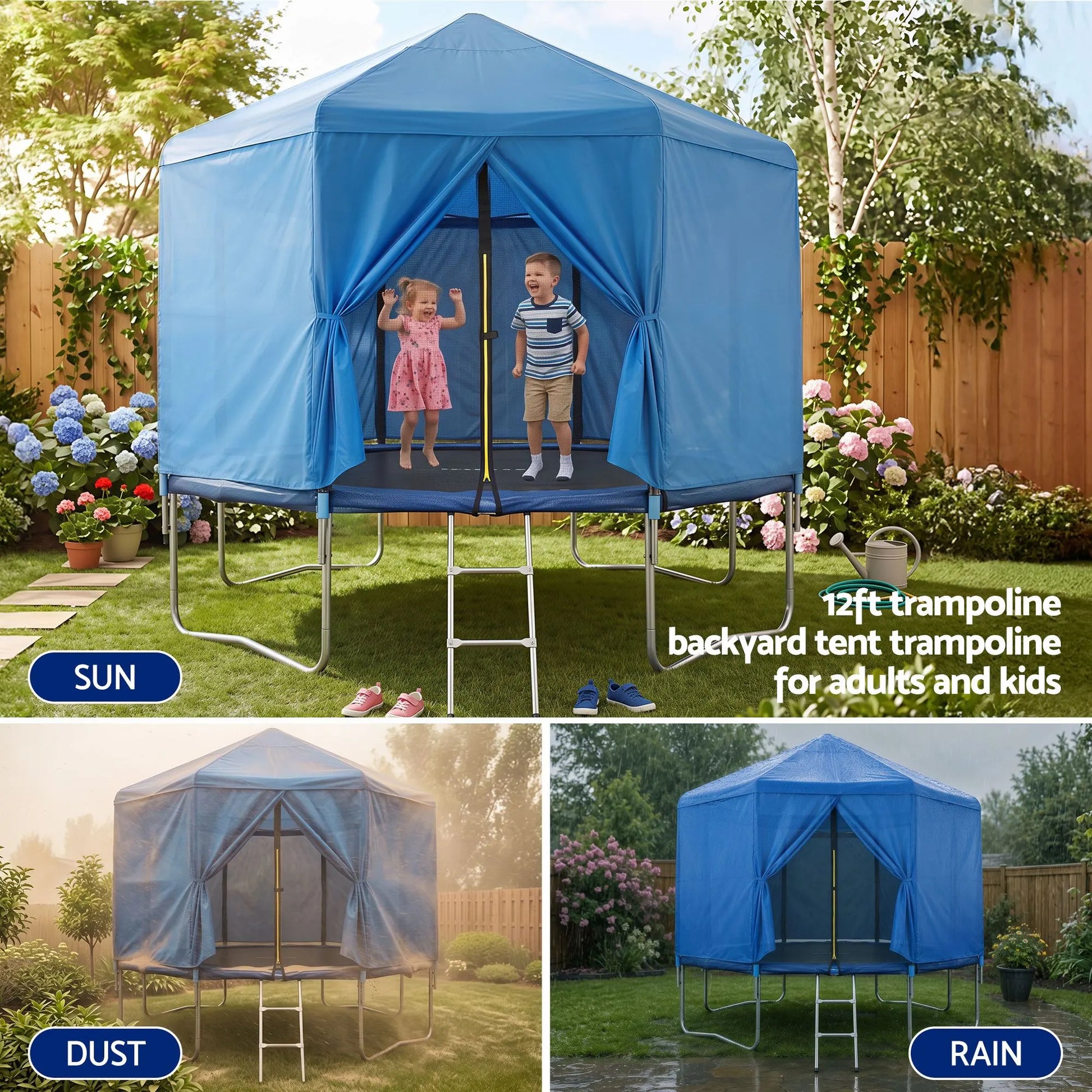 Everfit 12FT Kids Trampoline with Blue Tent Cover Ladder Rebounder Outdoor Toys - Image 4