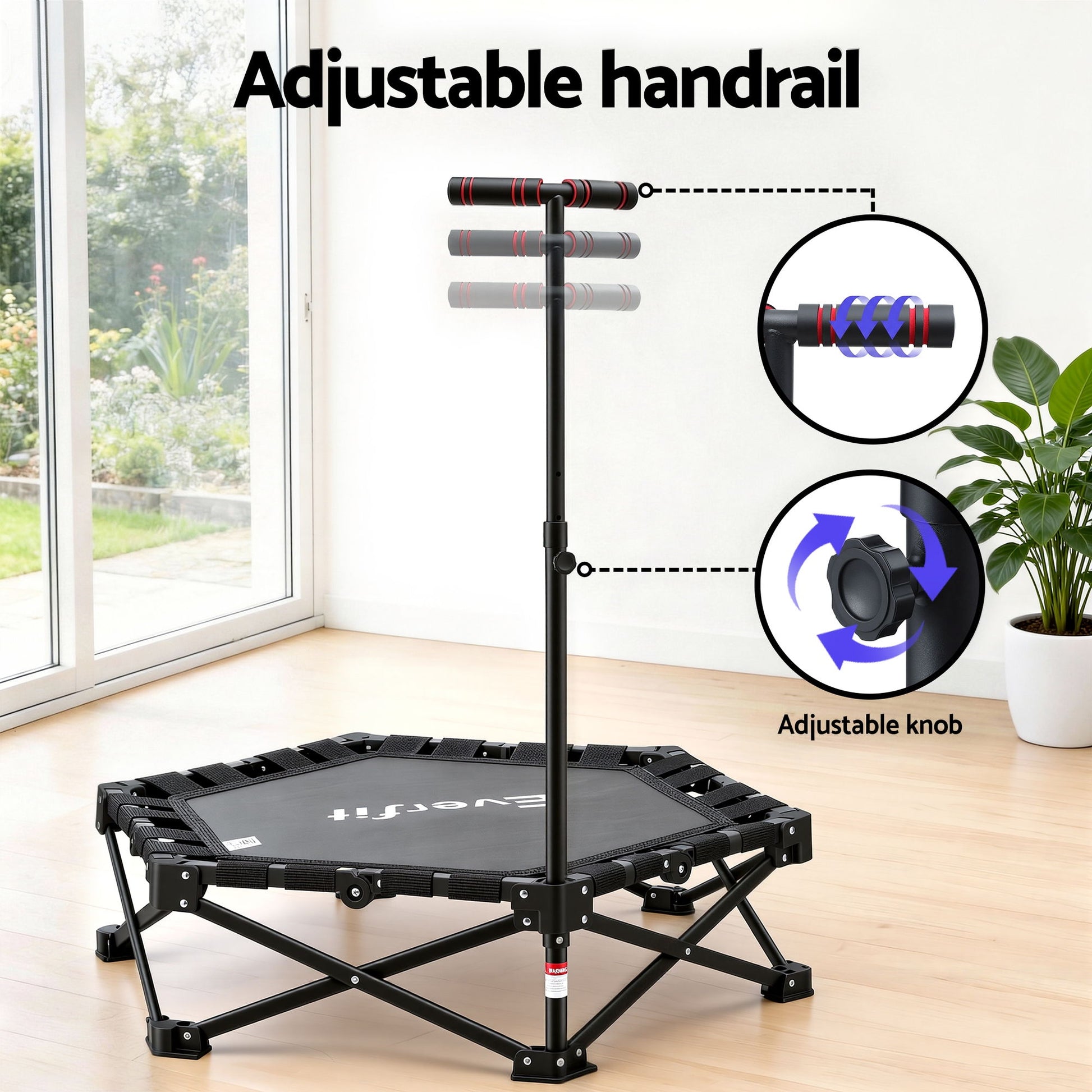 Everfit Fitness Foldable Trampoline Rebounder Adjustable Handle Indoor Exercise Black - Image 5