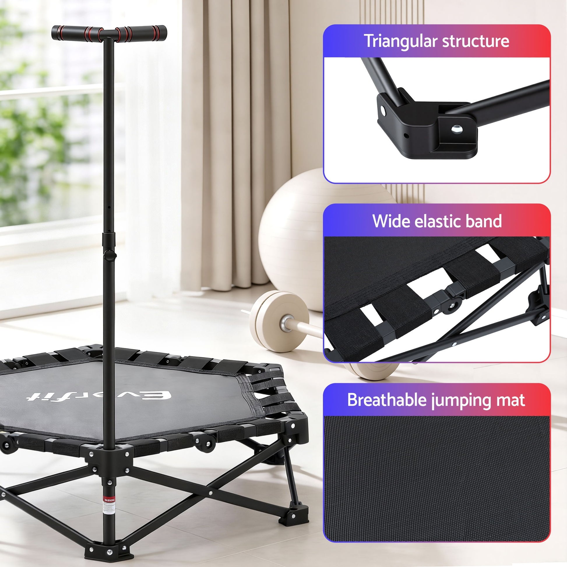 Everfit Fitness Foldable Trampoline Rebounder Adjustable Handle Indoor Exercise Black - Image 6