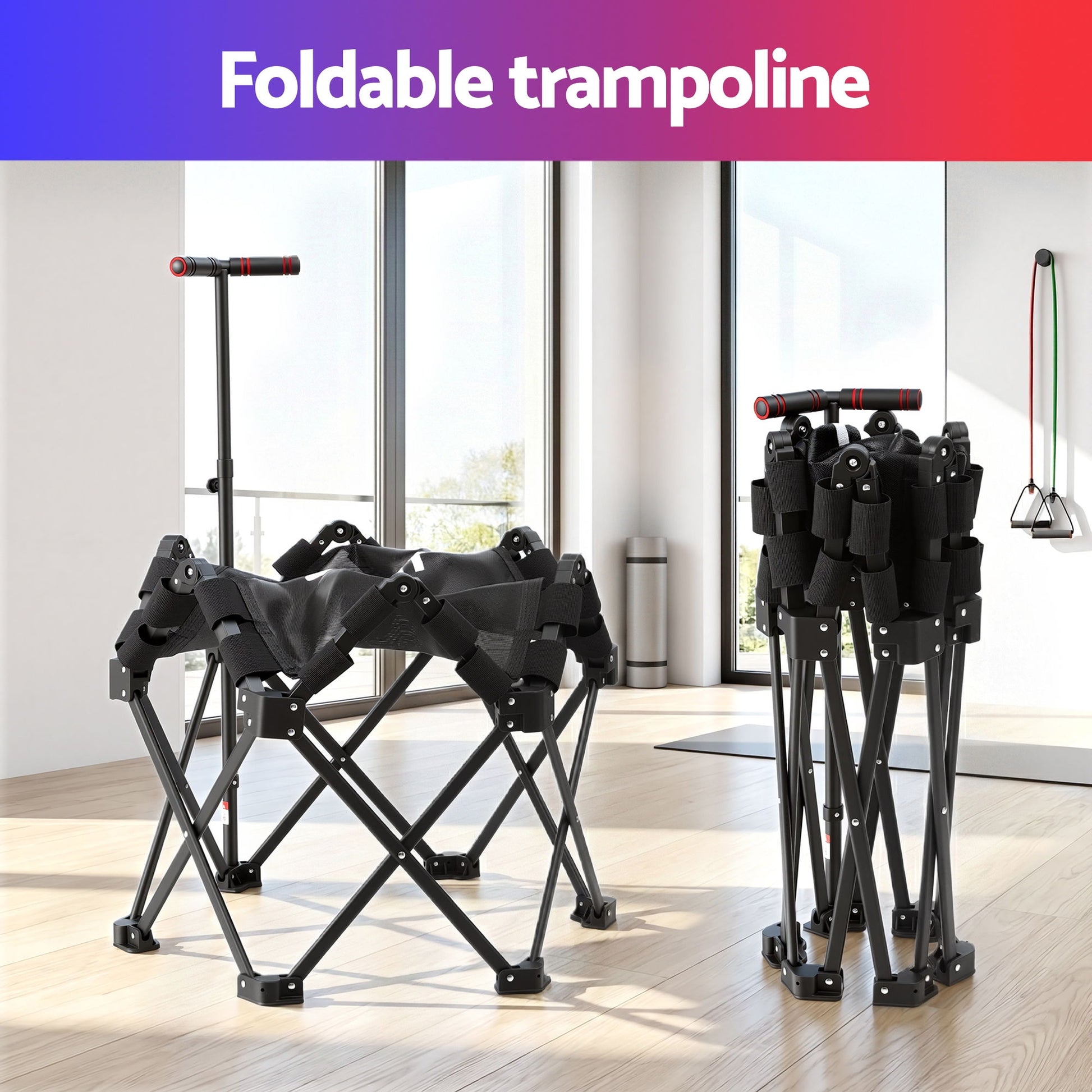 Everfit Fitness Foldable Trampoline Rebounder Adjustable Handle Indoor Exercise Black - Image 7